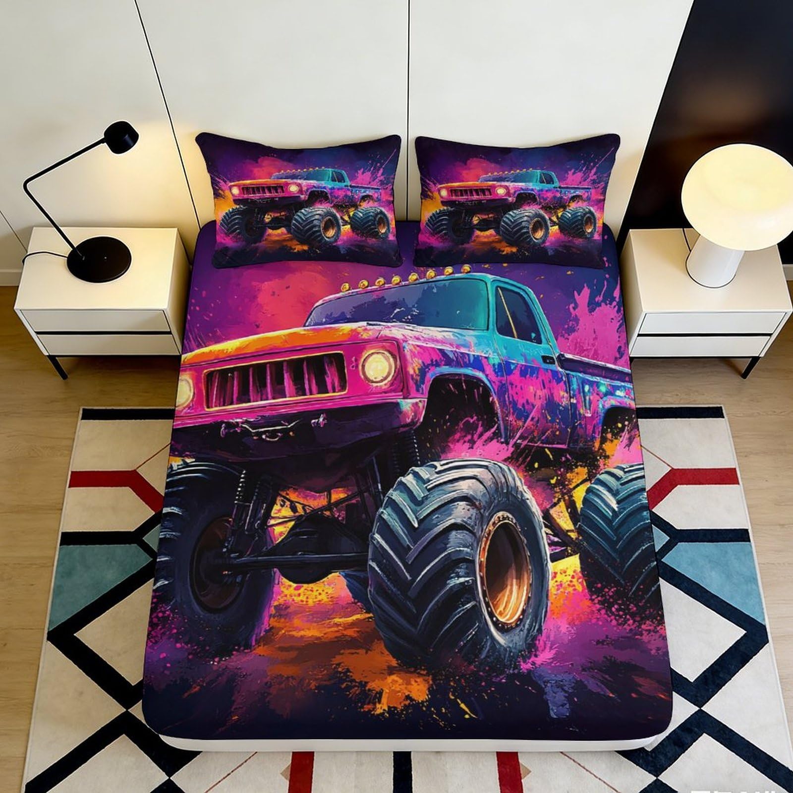 Pnayamiorkfel Style-10 3D Printed Neon Monster Truck Fitted Sheet Microfiber Colourful Splash Bed Cover For Bedroom Dorm Mattress Decor 90X200x25cm