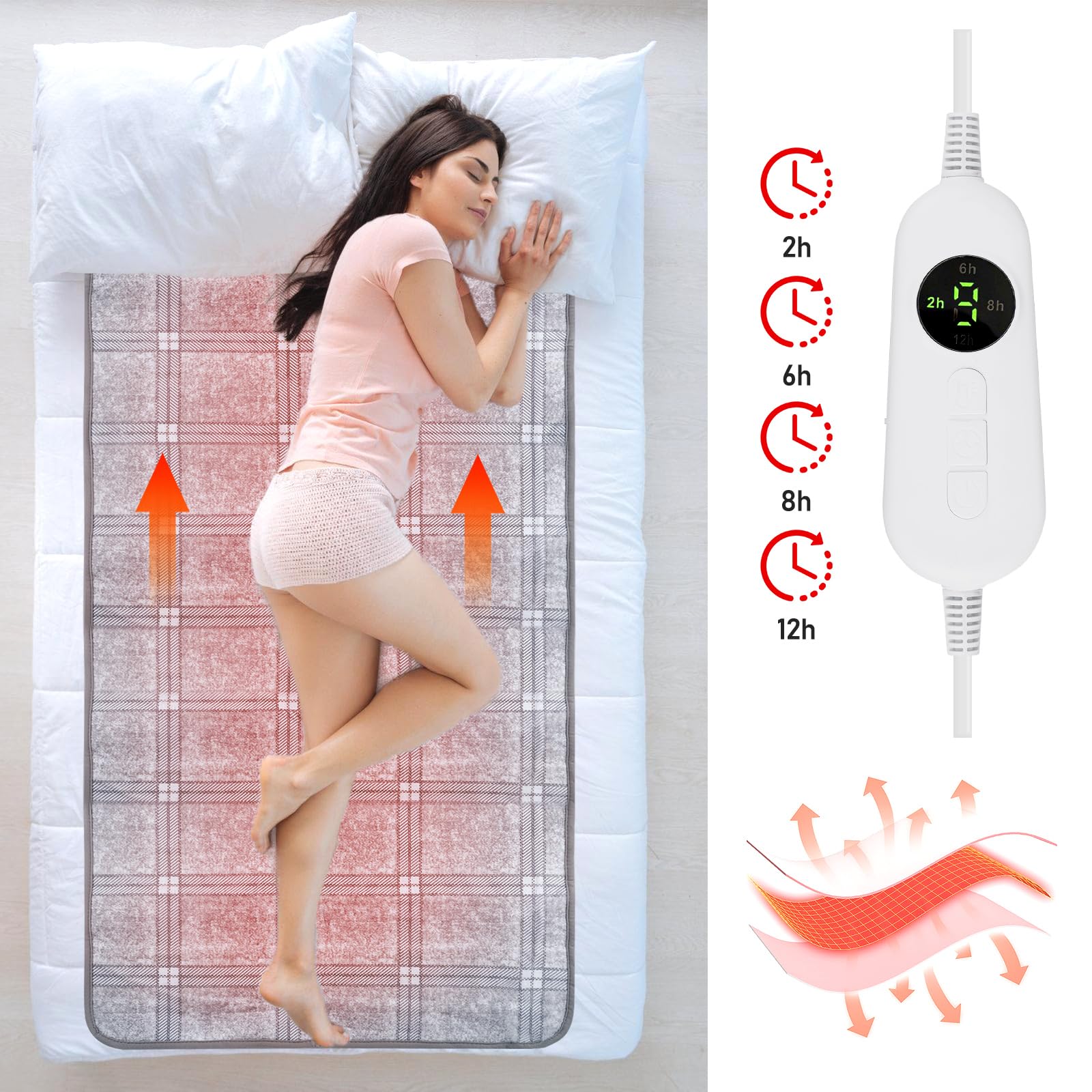 Manta eléctrica con apagado automático, 150 x 80 cm, manta térmica eléctrica con 4 niveles de calor, temporizador de 12 horas, protección contra sobrecalentamiento, resistente al agua, para cama y