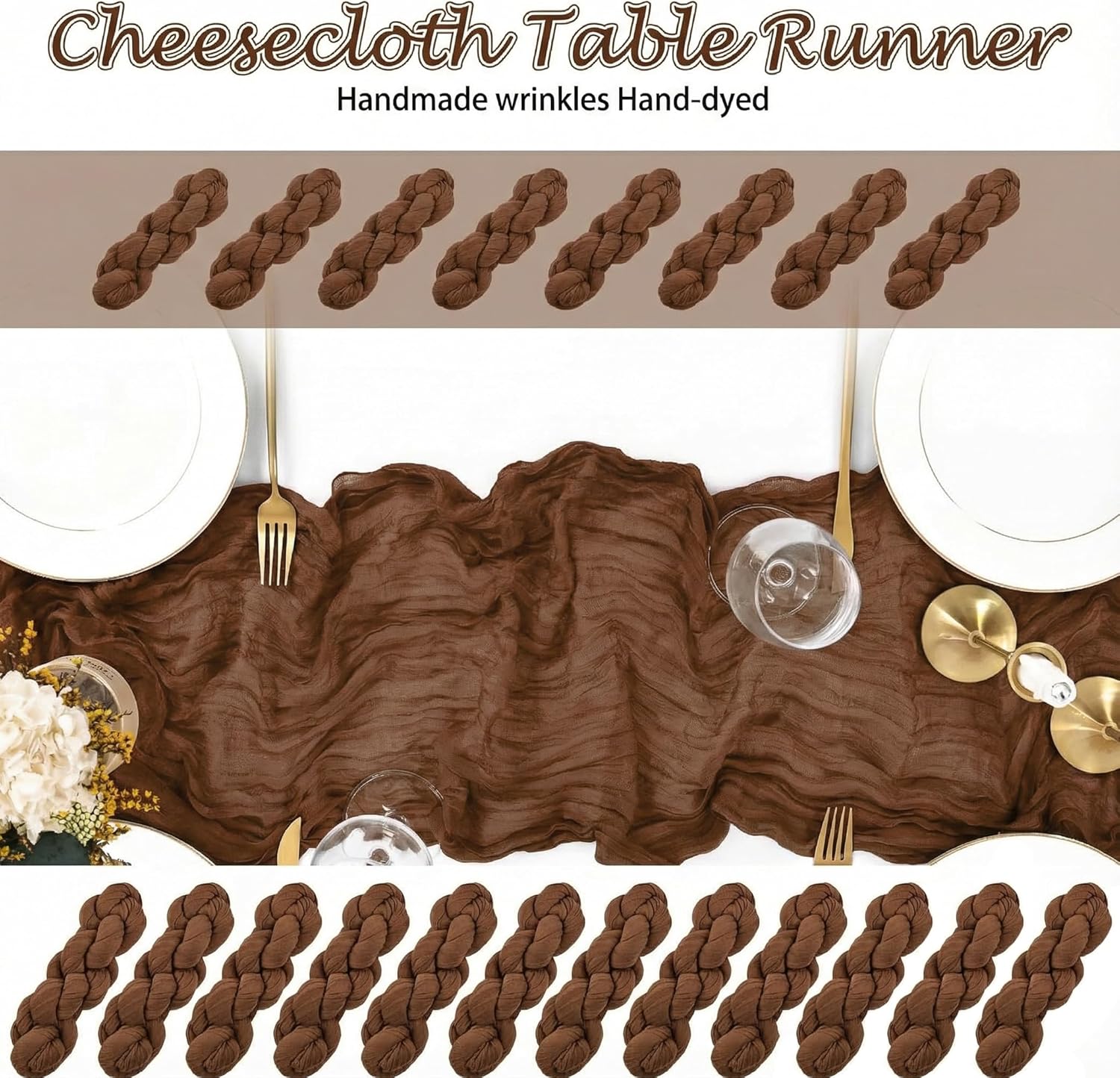 20 Packs Cheesecloth Table Runner 10FT Long Boho Gauze Fabric Table Runner Vintage Rustic Sheer Runners for Wedding Party Bridal Baby Shower Table Decorations (Brown)