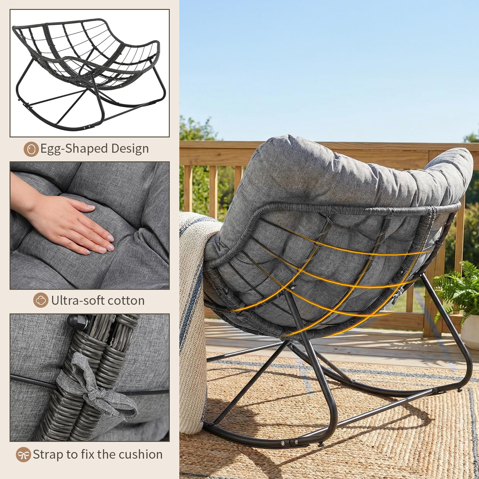 LIFERUN Fauteuil à bascule en rotin avec tabouret, résistant aux intempéries, avec rembourrage épais amovible, charge de 150 kg, pour jardin, balcon, salon