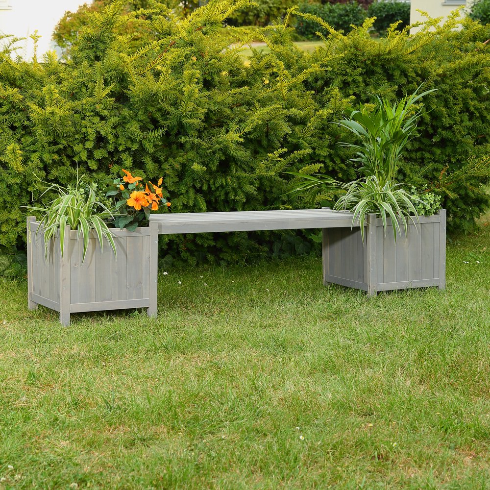 Melko Gartenbank Holzbank mit Blumenkasten 180 cm 2-Sitzer Parkbank Grau | wetterfest imprägniert, 2 Pflanzkästen für Blumen, bequeme breite Sitzlatten, für Terrasse und Balkon, inkl. Montagematerial