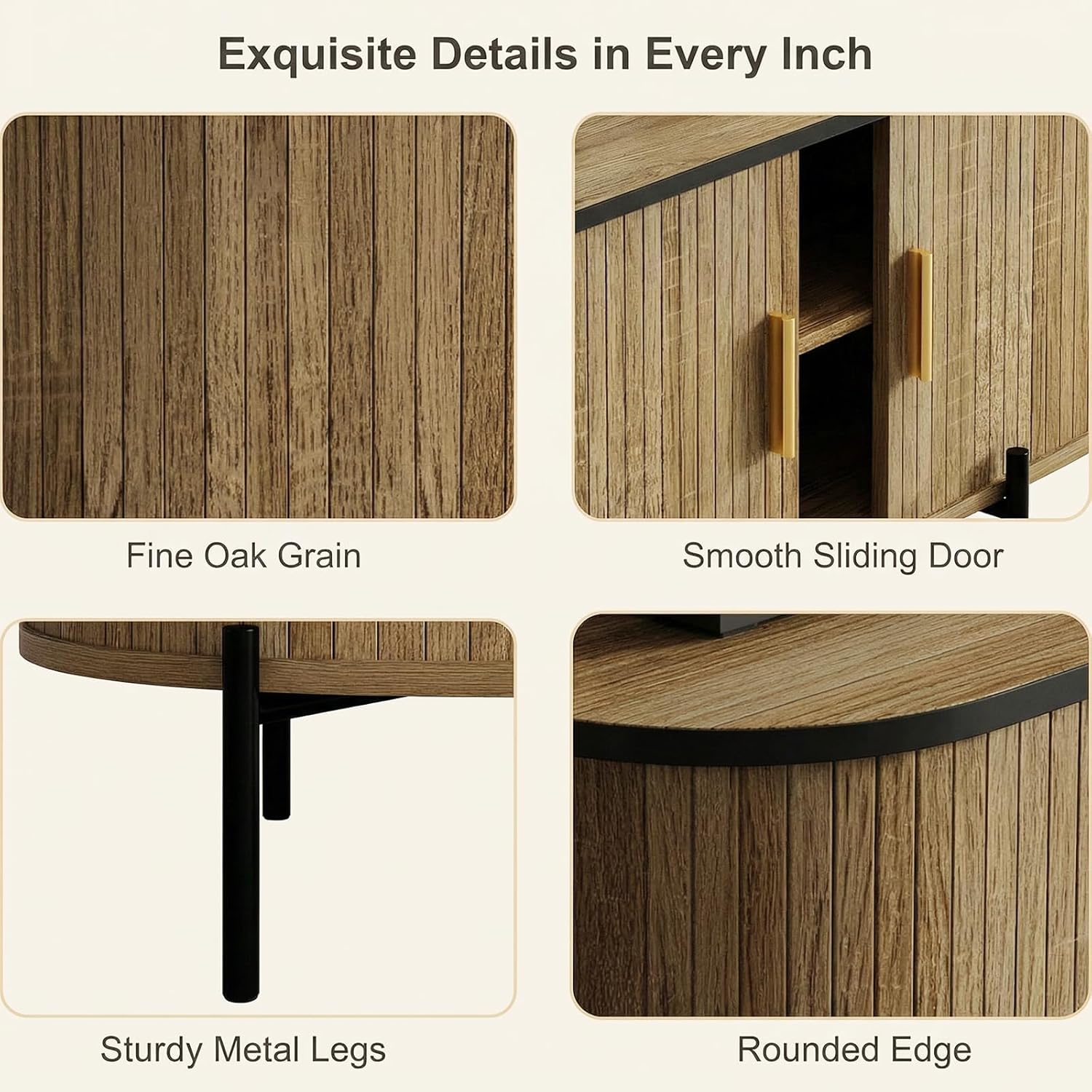 63" Mid Century Modern Oak TV Stand, Media Console with Sliding Doors, Sturdy Metal Legs, Rounded Corners, Natural Oak Finish Entertainment Center for Living Room