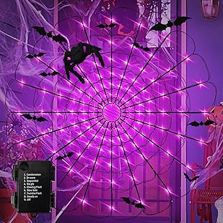 Guirnalda Luces de Telaraña Halloween Decoracion con 3 Arañas y 12 Piezas Murciélagos Pegatina, 80 LED 8 Modos Luces de Hadas 1,3 m de Diámetro Decoración Exterior para Fiestas en Casas Encantadas