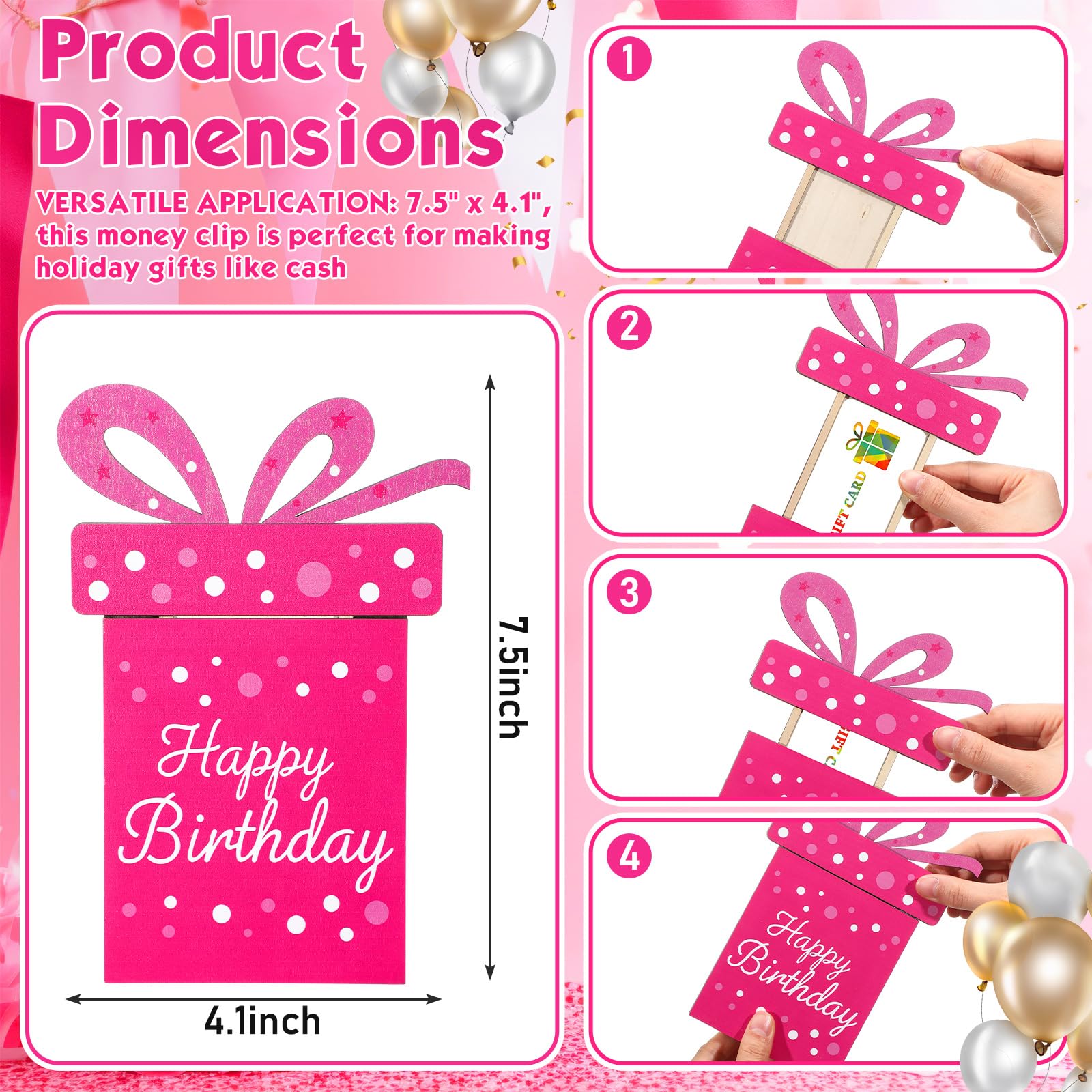 Kathfly Cheerful Birthday Gift Card Holders, Wooden Gift Cardholder Pull Out, and Cute Card Holder to Decorate Gifts for Wedding Birthday Note Cards and Business Cards(Pink)