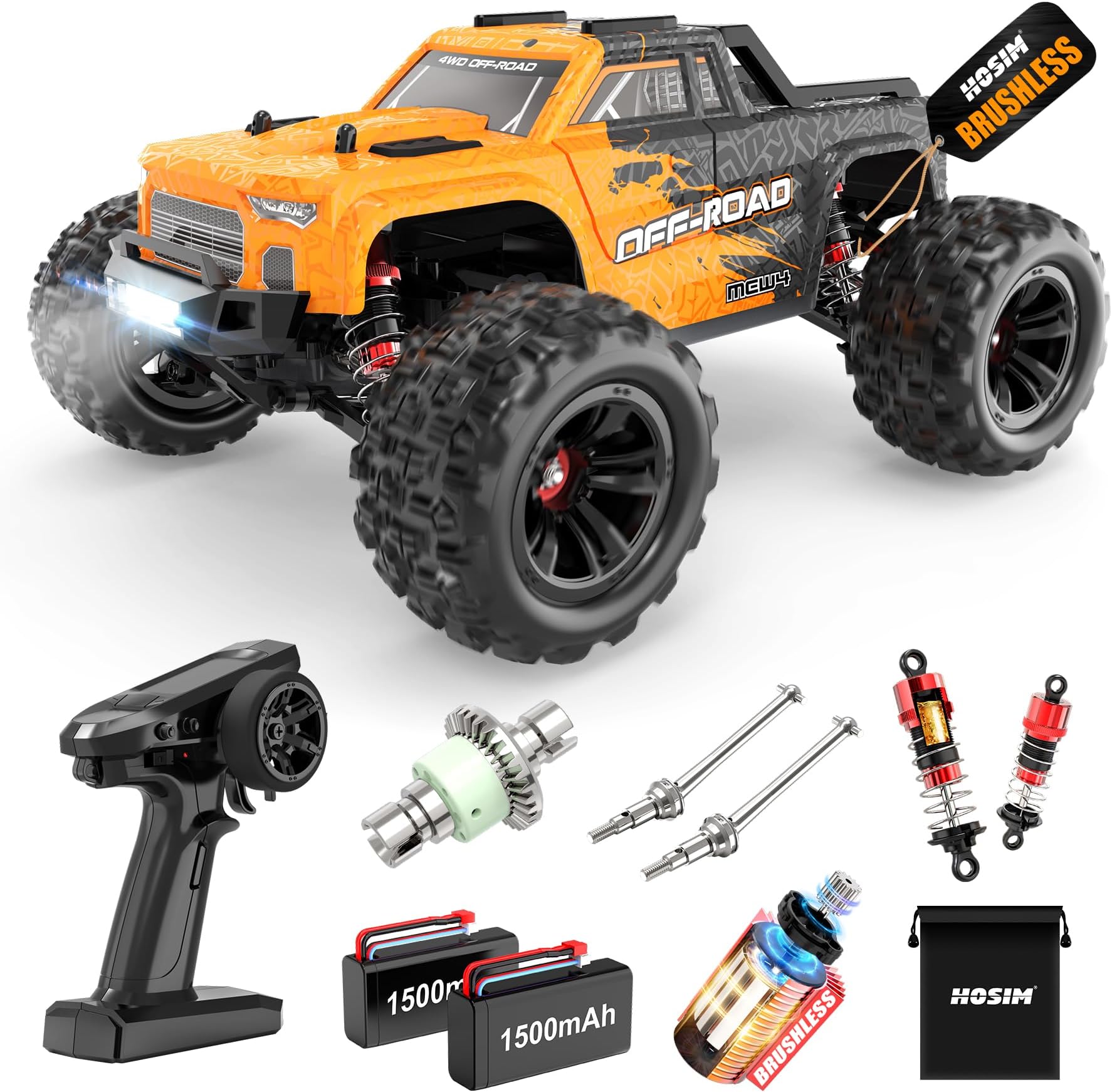 Brushless RC Car, 1:16 55+KMH 4WD Fast Remote Control Truck for Adults, Radio Cars Off-Road Waterproof Hobby Grade Toy Crawler Electric Vehicle Gift for Boys Children (Orange)