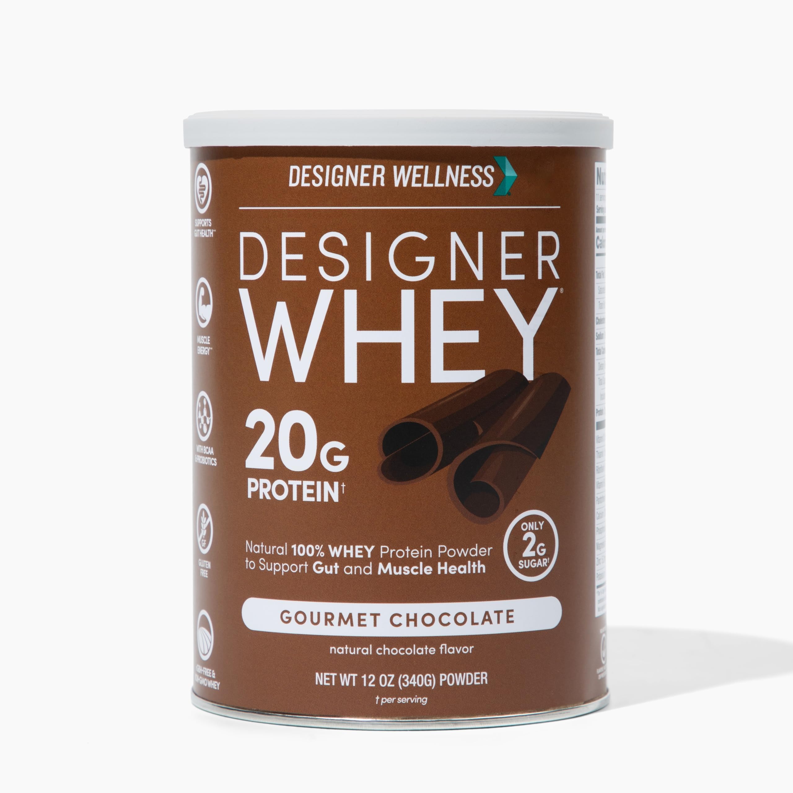 Designer Whey, Natural Whey Protein Powder with Probiotics, Fiber, and Key B-Vitamins for Energy, Gluten-Free, Gourmet Chocolate, 12oz