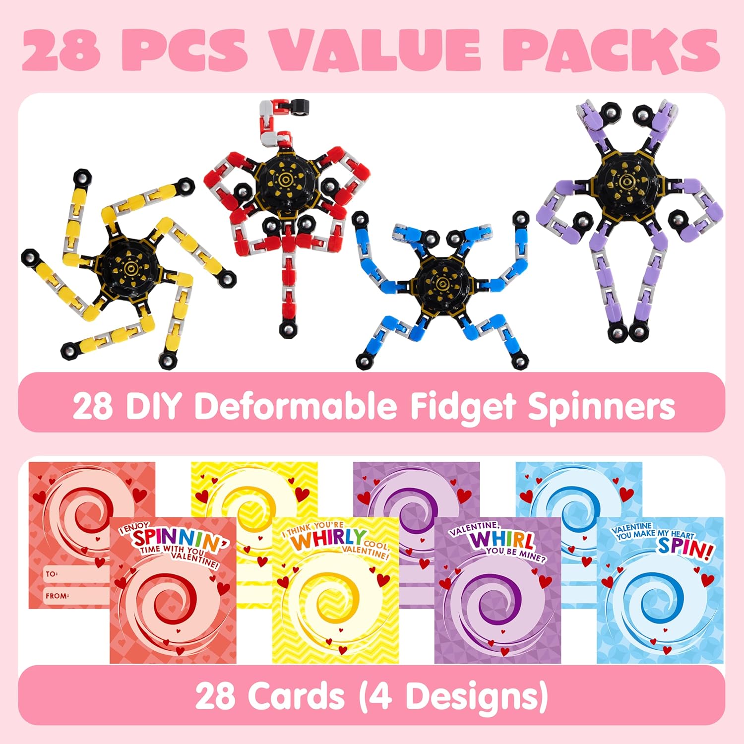 JOYIN 28 Packs Valentine’s Day 4-Design Gift Cards with Fidget Spinners, DIY Chain Robot Fingertip Toys, Deformable Stress Relief Toys for Kids Valentine’s Party Favor, School Exchange, Game Prizes