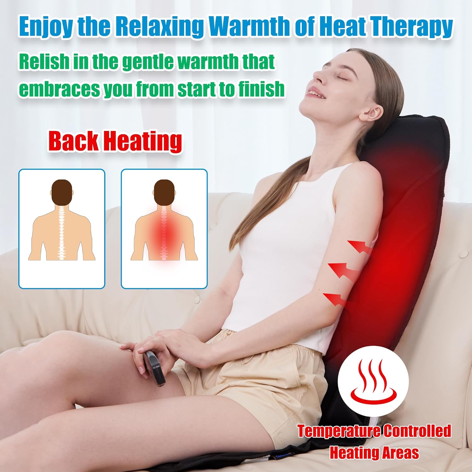 Portable Back Massager with Heat & Vibration - Deep Tissue Pain Relief for Shoulder, Back, Lower Back and Thighs - Office Chair Massage Pad, Ideal Gift for Men and Women