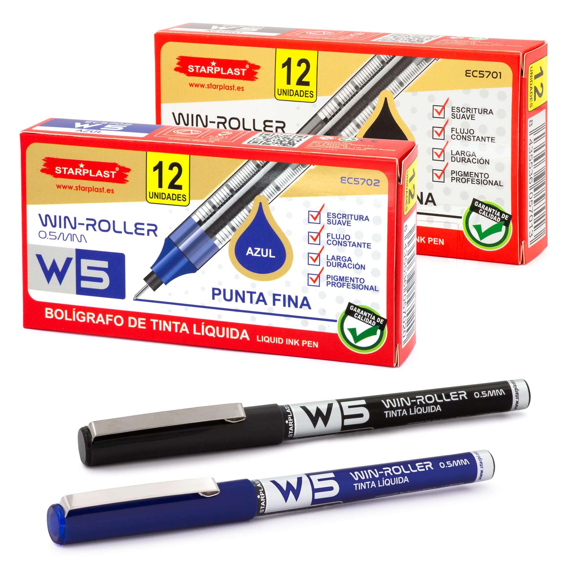 Starplast 24 BOLÍGRAFOS W5 TINTA LÍQUIDA Pigmento profesional, larga duración, punta fina 0.5mm para escribir - Negro y Azul