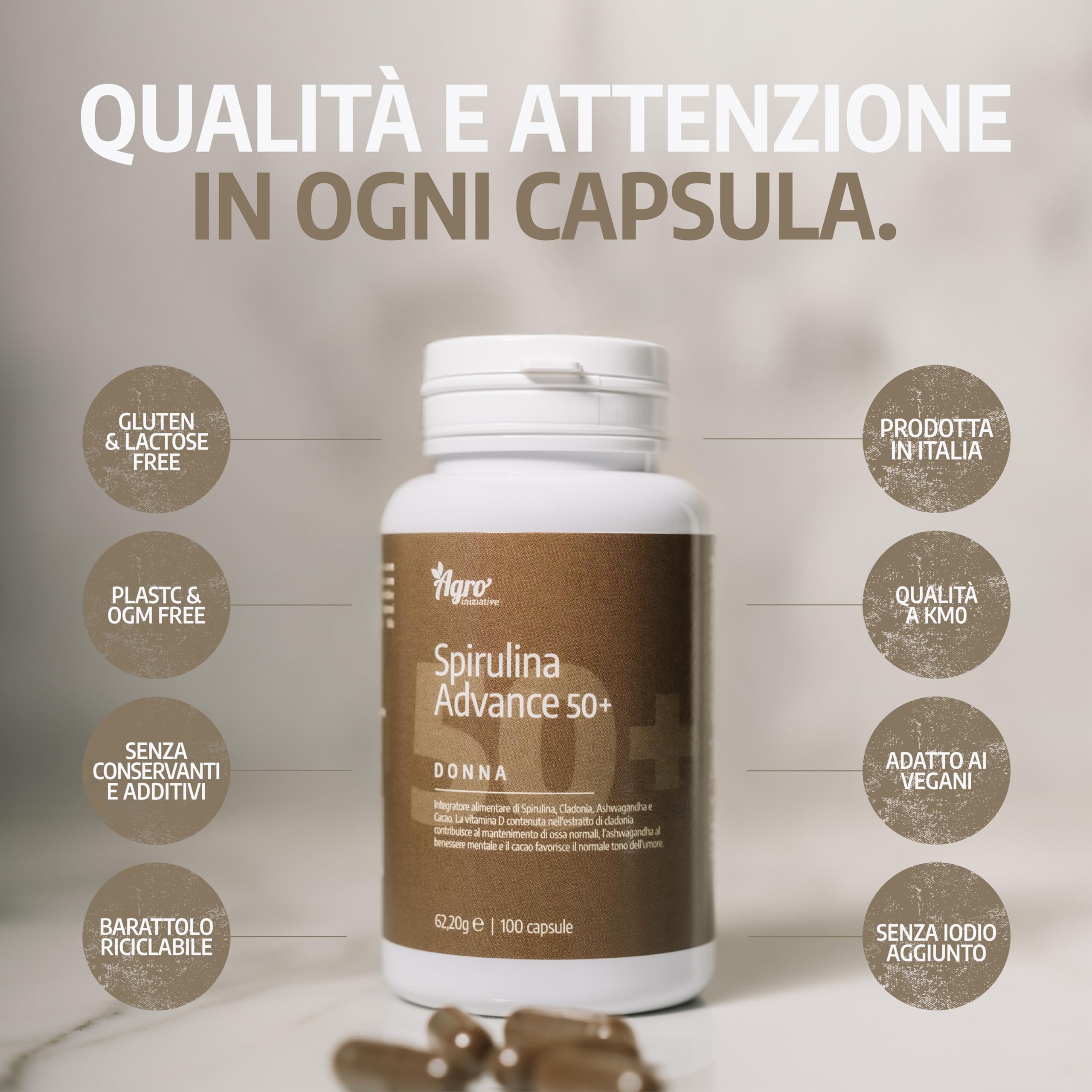 AGROINIZIATIVE ADVANCE DONNA 50+ con Spirulina Bio, Ashwagandha, Astaxantina, Vitamina D3 e Nigella Sativa, Formula Completa per il Benessere Femminile, Prodotto in Italia