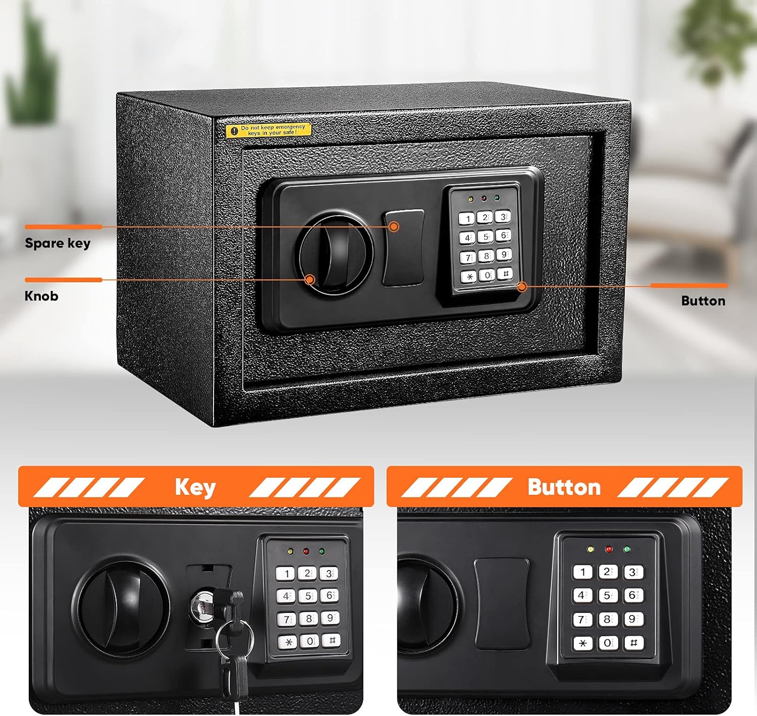 상세한 view of the safe's components: spare key, knob, and button.