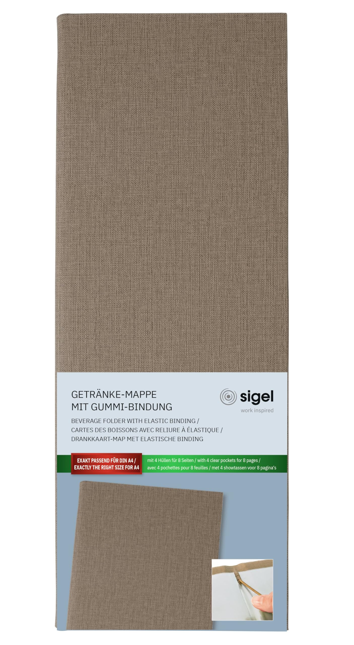 SIGEL GM102 Beverage Folder - 1 piece - incl. 2 Double Clear Pockets for 8 Pages - Rubber Binding - 1/2 A4 - Beige