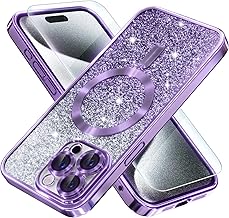 Misea Magnetic for iPhone 15 Pro Max Case Compatible with MagSafe [Military Grade Drop Protection] Full Camera Lens Protector Luxury Gradual Glitter Plating Soft Phone Case for Women Girls, Purple
