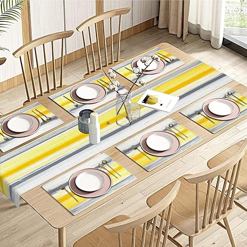Miniatura 9 de Emvency Juego de 6 caminos de mesa y manteles individuales de granja, lino y algodón, pintura abstracta verde azulado y gris, decoración de mesa de