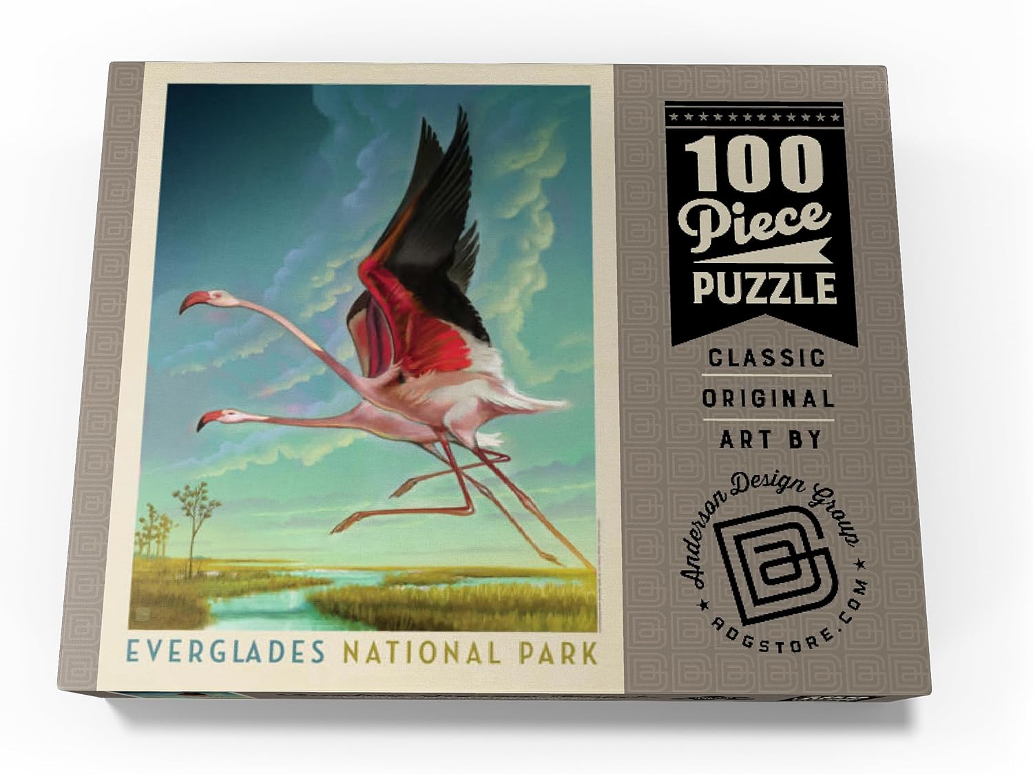 MyPuzzle Everglades National Park: Flight of The Flamingos, Vintage Poster - Premium 100 Piece Jigsaw Puzzle for Adults