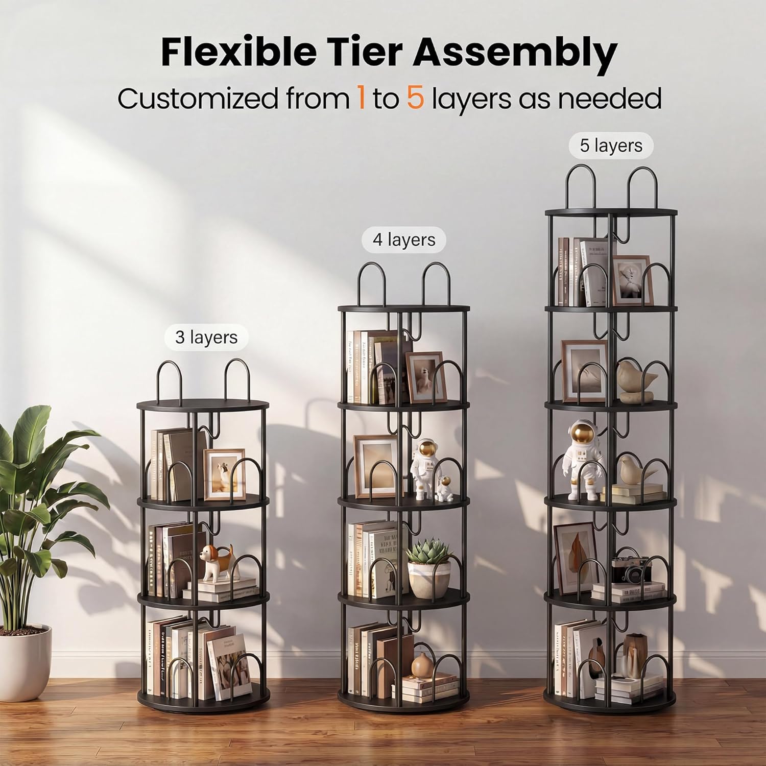 3 Tier Rotating Bookshelf, 360° Spinning Bookshelf Tower, Narrow Corner Book Shelf, Revolving Bookcase Corner Tall Book Shelf for Small Spaces, Bedroom, Living Room, Black