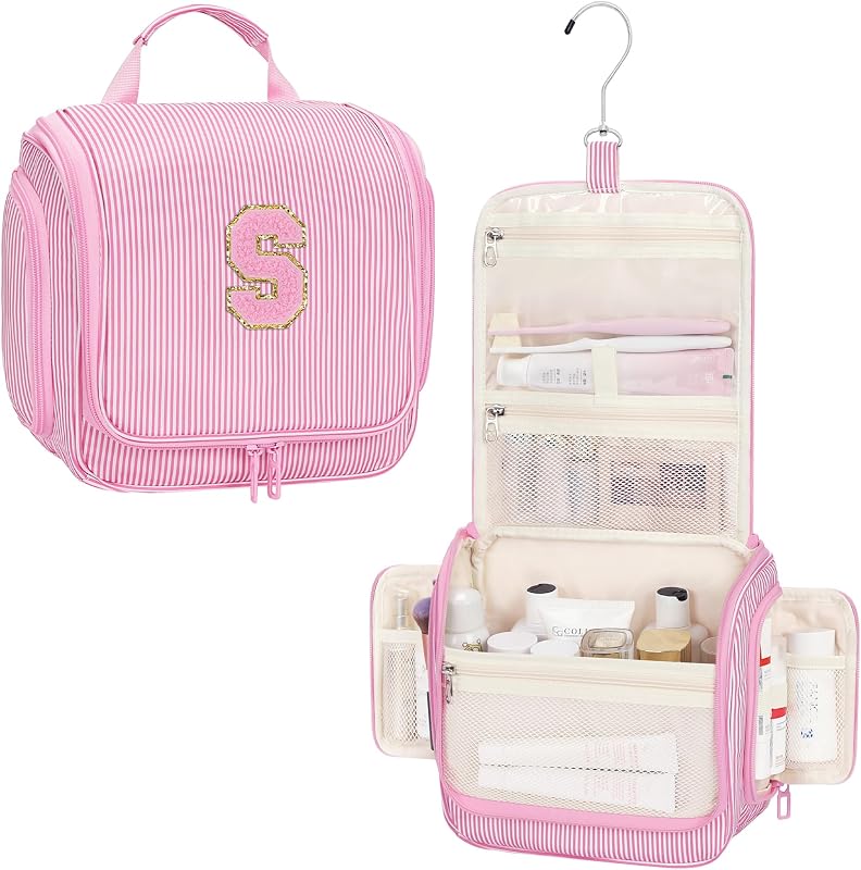 Necessaire suspensa Relavel para viagem, nylon, rosa listrada, tamanho S