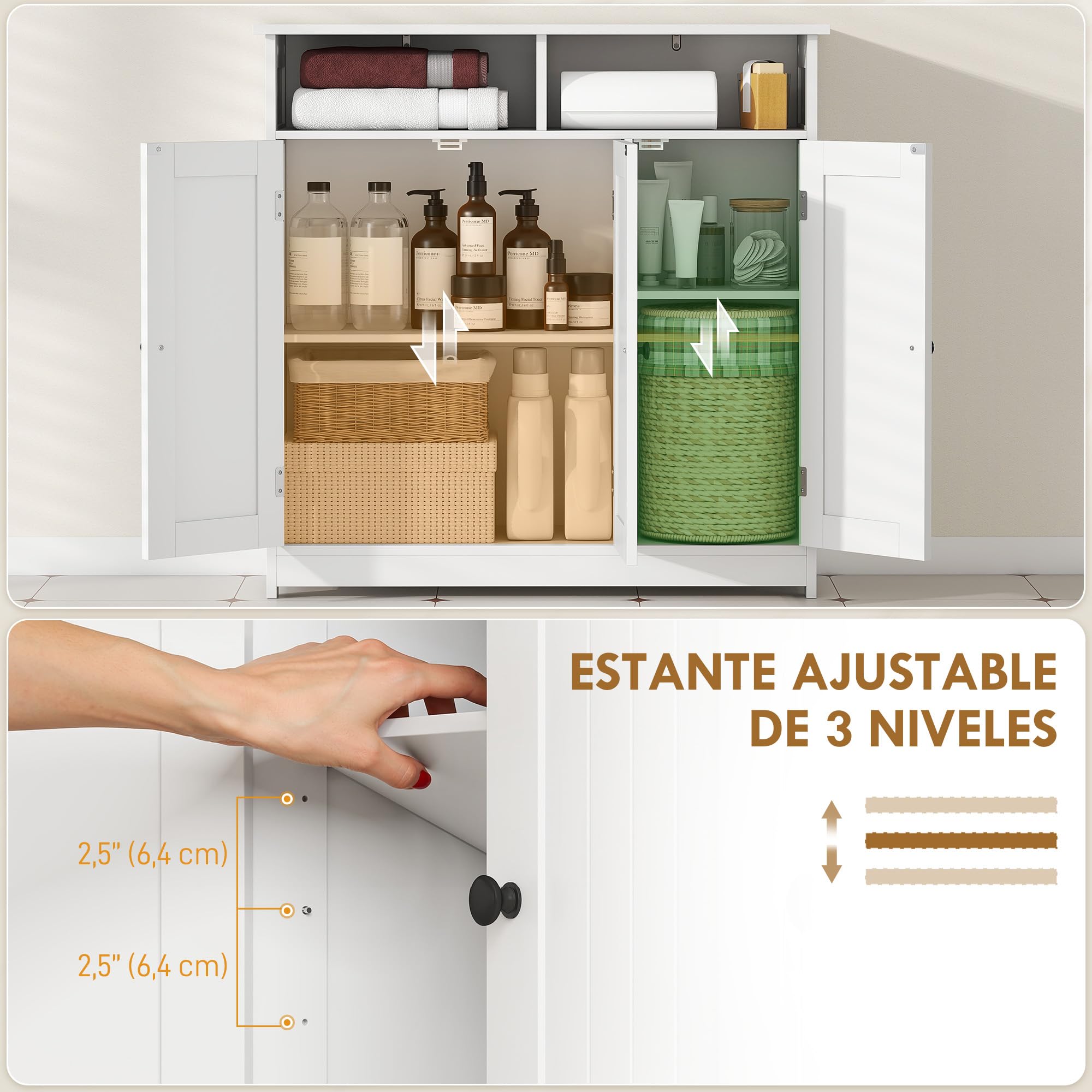 HOMCOM Mueble de Baño Armario Baño Estrecho con 3 Puertas 85x30x85cm Blanco | 2 Compartimentos Abiertos, Estante Ajustable, para Sala de Estar, Cocina
