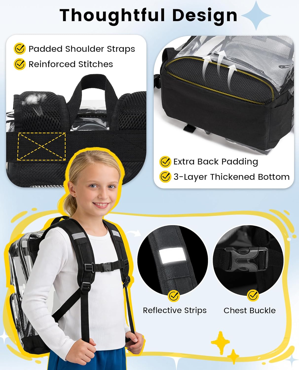 Vorspack Heavy Duty Clear Backpack - Multi-pockets Clear Bookbag for Girls, Boys, Transparent See Through Backpack for School, College, Work, Festival - Black