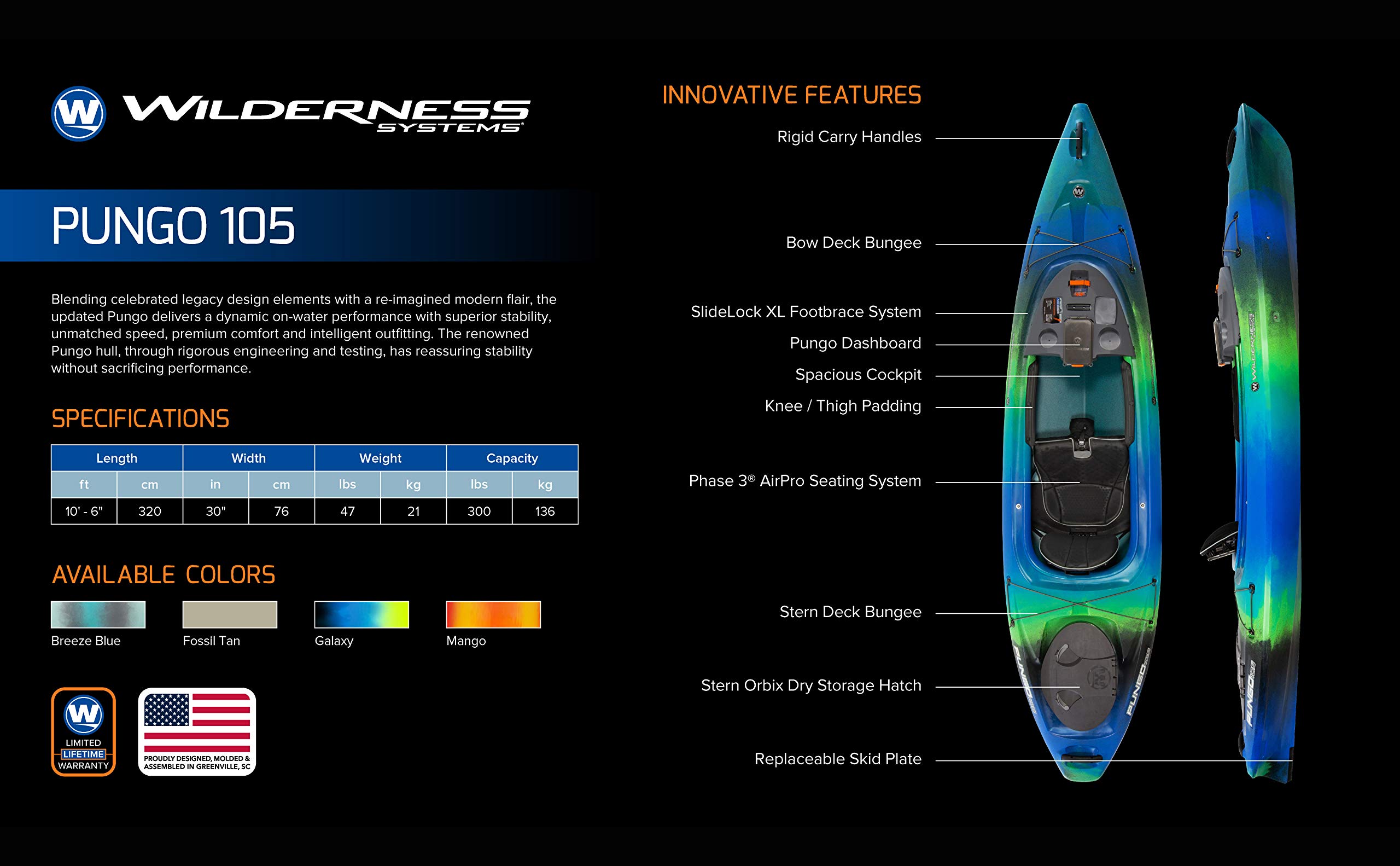Wilderness Systems Pungo 105 Recreational Kayak - Sit Inside - Phase 3 Air Pro Comfort Seating - 10.6 ft - Galaxy