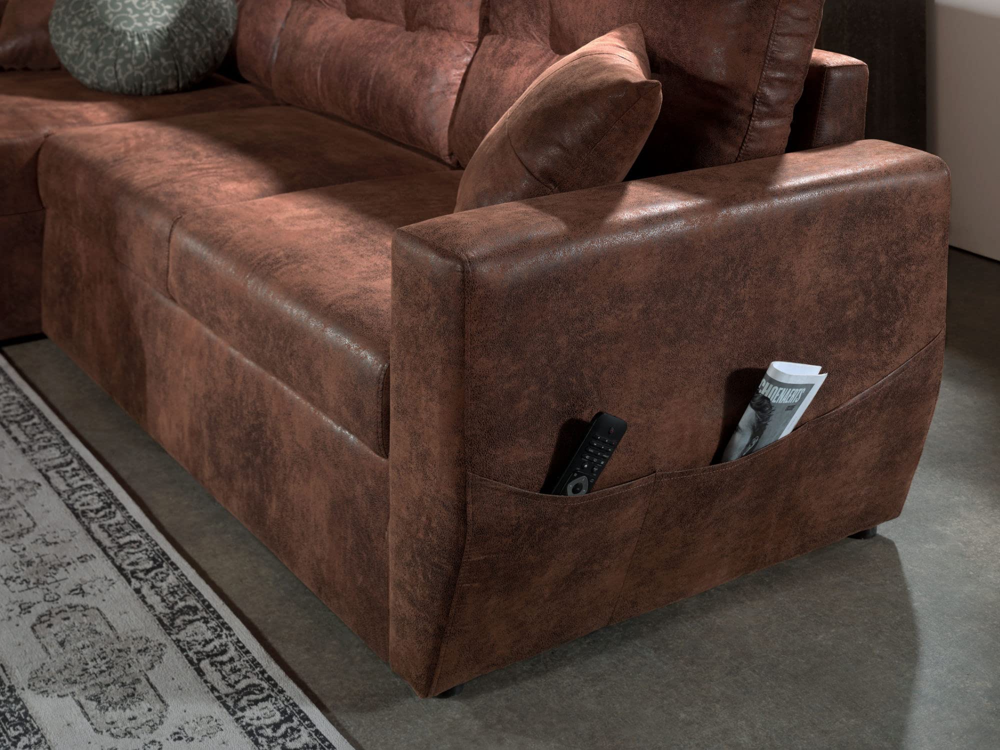 Bestmobilier Astoria - 4-Sitzer Ecksofa beidseitig montierbar - mit Schlaffunktion und Bettkasten - Industrieller Stil Braun