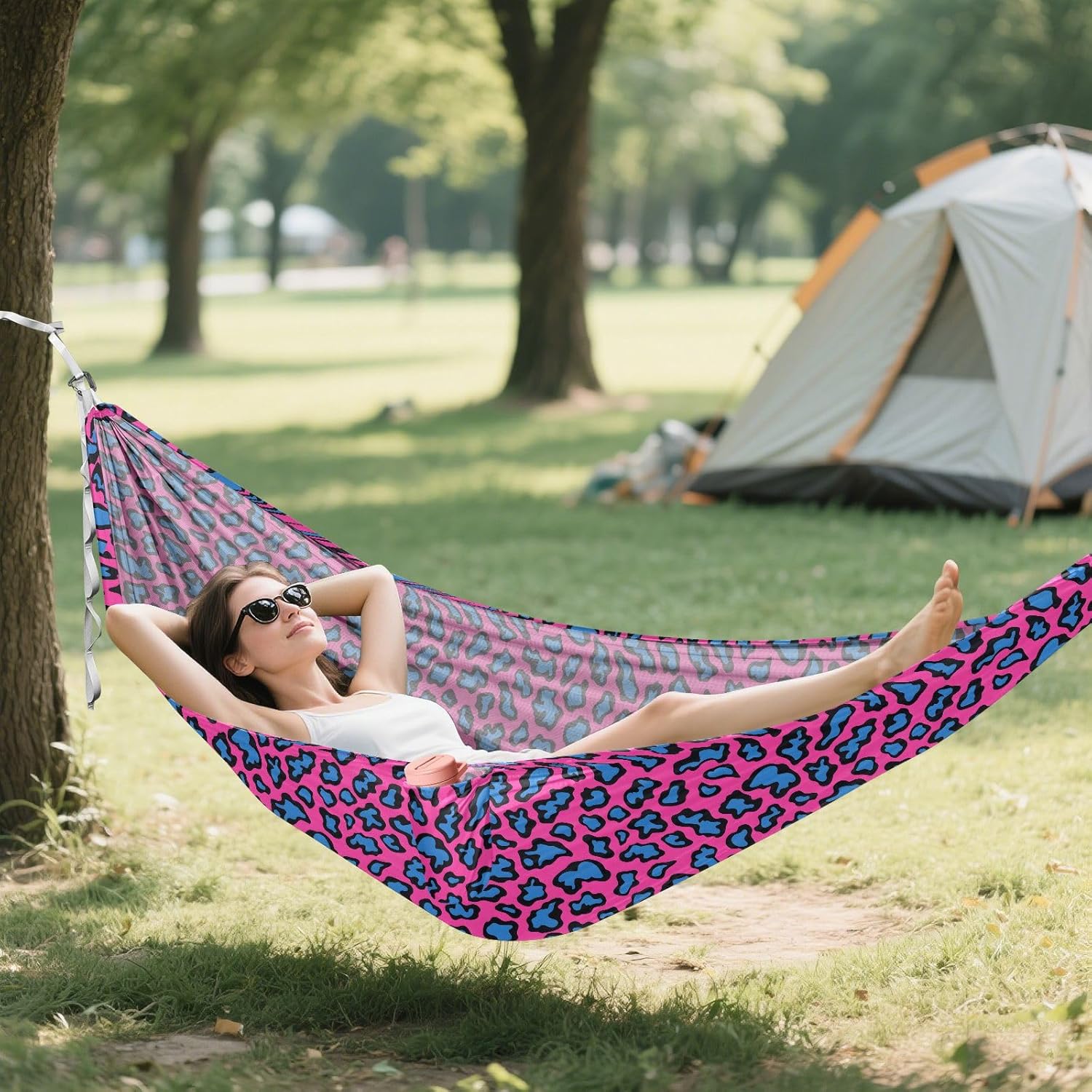 ALAZA Pink & Blue Leopard Print Cheetah Camping Hammocks Single or 2 Person 500 lbs Portable Parachute Travel Hammock w/Tree Straps for Hiking Backpacking Indoor Outdoor