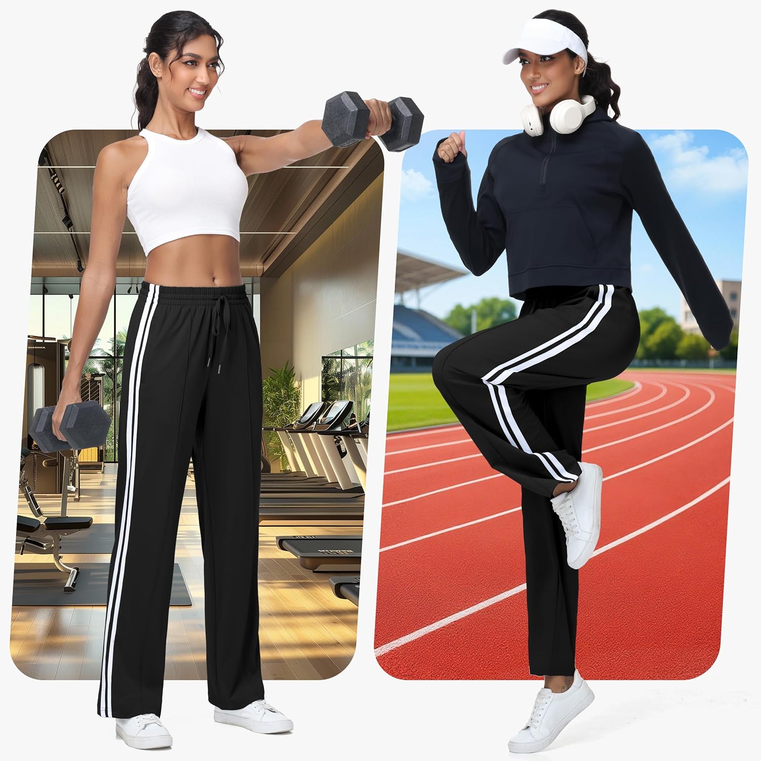 Women’s Athletic Track Pants - Loose Fit Jogging Sweatpants with Zipper Pockets Drawstring Waist Striped - Image 4