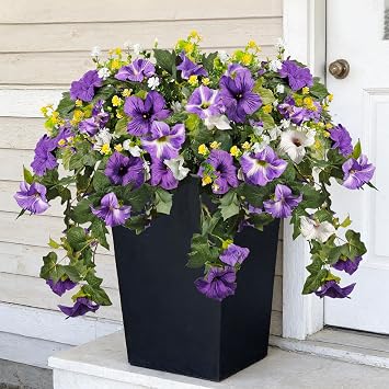 5 Bunch Artificial Flowers Plants for Outdoor Decoration Faux Silk Petunia Flowers Fake Wheat Grass UV Resistant for Home Outside Garden Balcony Garden Porch Decoration Purple White Yellow