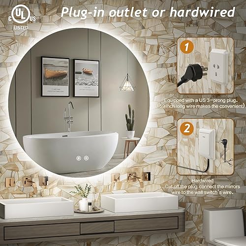Miniatura 6 de Espejo de baño redondo LED, retroiluminado de 42 pulgadas, espejo de baño montado en la pared con luces, espejo de tocador sin marco con 3 luces de