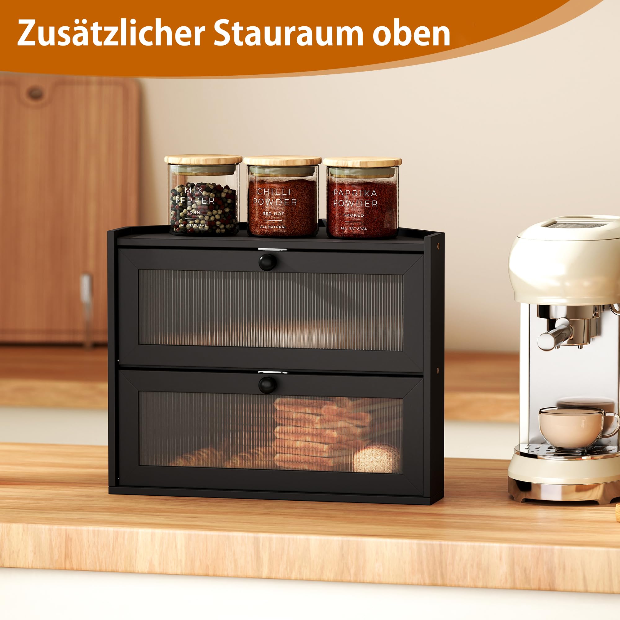 Schwarzer Eckbrotkasten 42 x 30 x 35 cm Groß Brotkasten Holz | 2 Stöckiger, Natürlicher Bambus, Klares Fenster, Frisch Halten, Tür mit Magnetverschluss, für Brot, Obst Küchen Storage