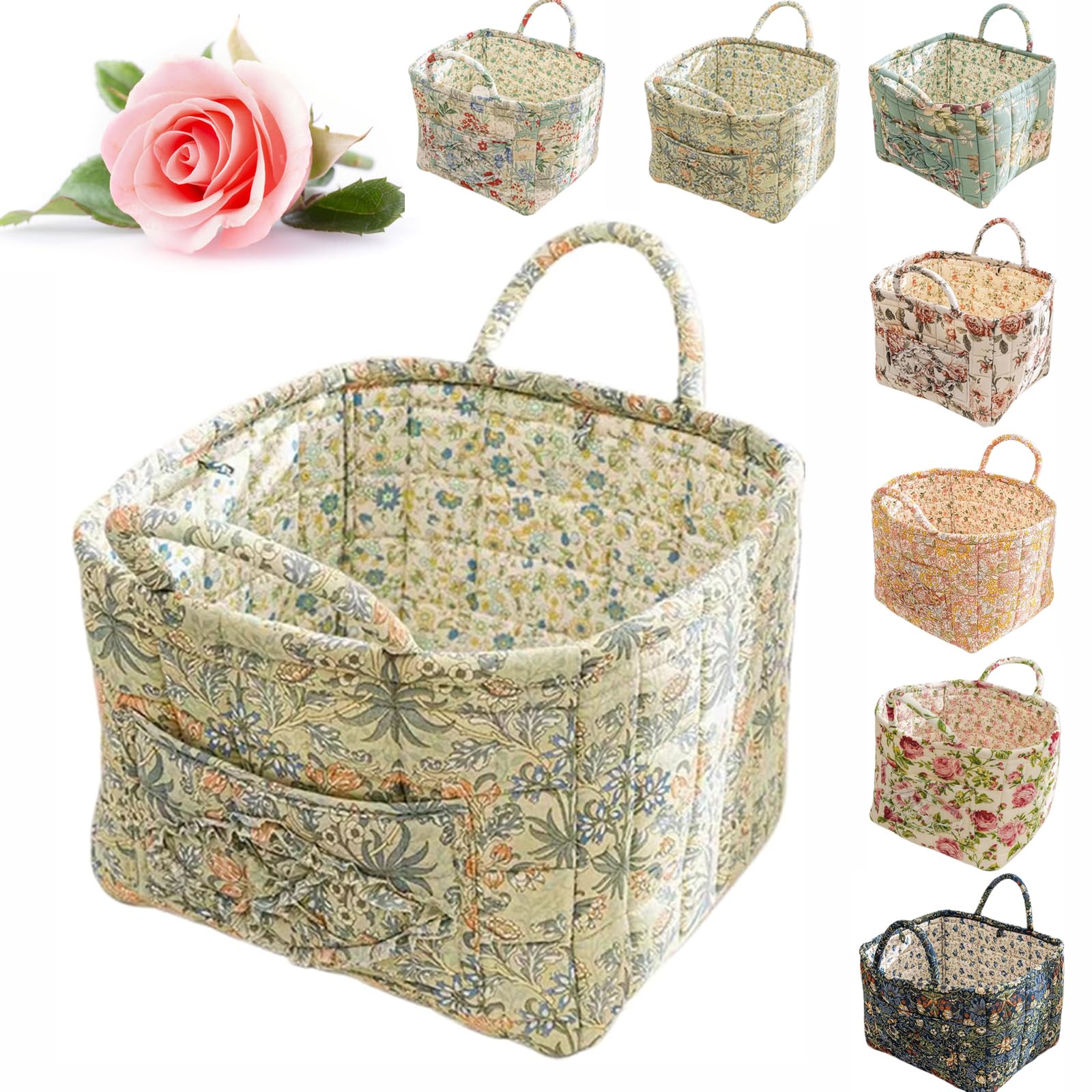 Boho Fabric Storage Basket, Large Capacity Fabric Storage Baskets, Household Floral Laundry Baskets with Easy Carry Handles, with Pocket and Handle for Clothes (F)