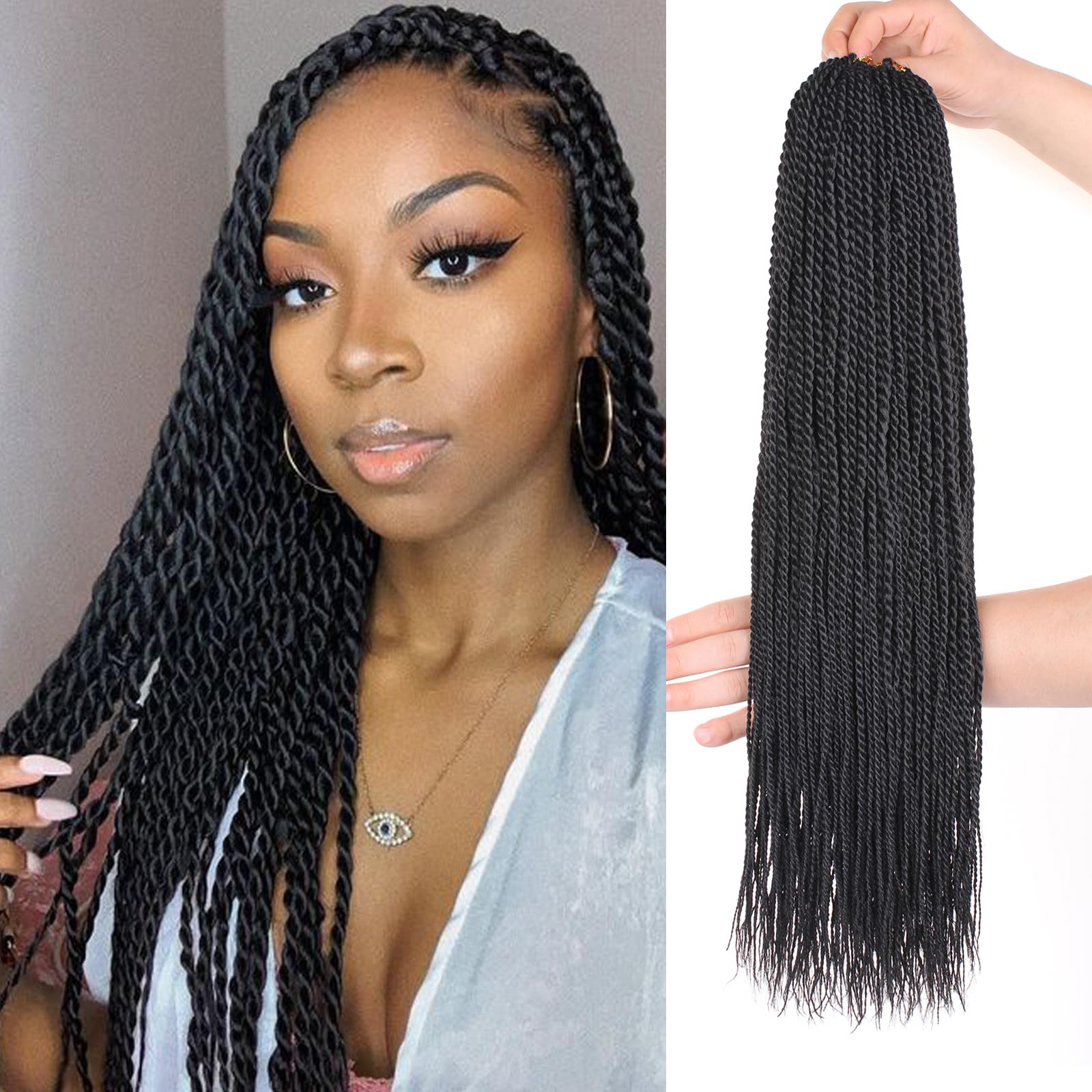 Samtress 18 Inch 8 Paks Mini Senegalese Twist Crochet Hair Black Prelooped Crochet Hair Synthetic for Women Hot Water Setting Crochet Twist Braids Hair 25strands/pack (#1B)