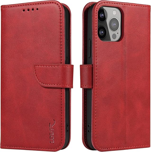 LOLFZ Wallet Case for iPhone 13, Vintage Leather Book Case with Card Holder Kickstand Magnetic Closure Flip Case Cover for iPhone 13 - Red