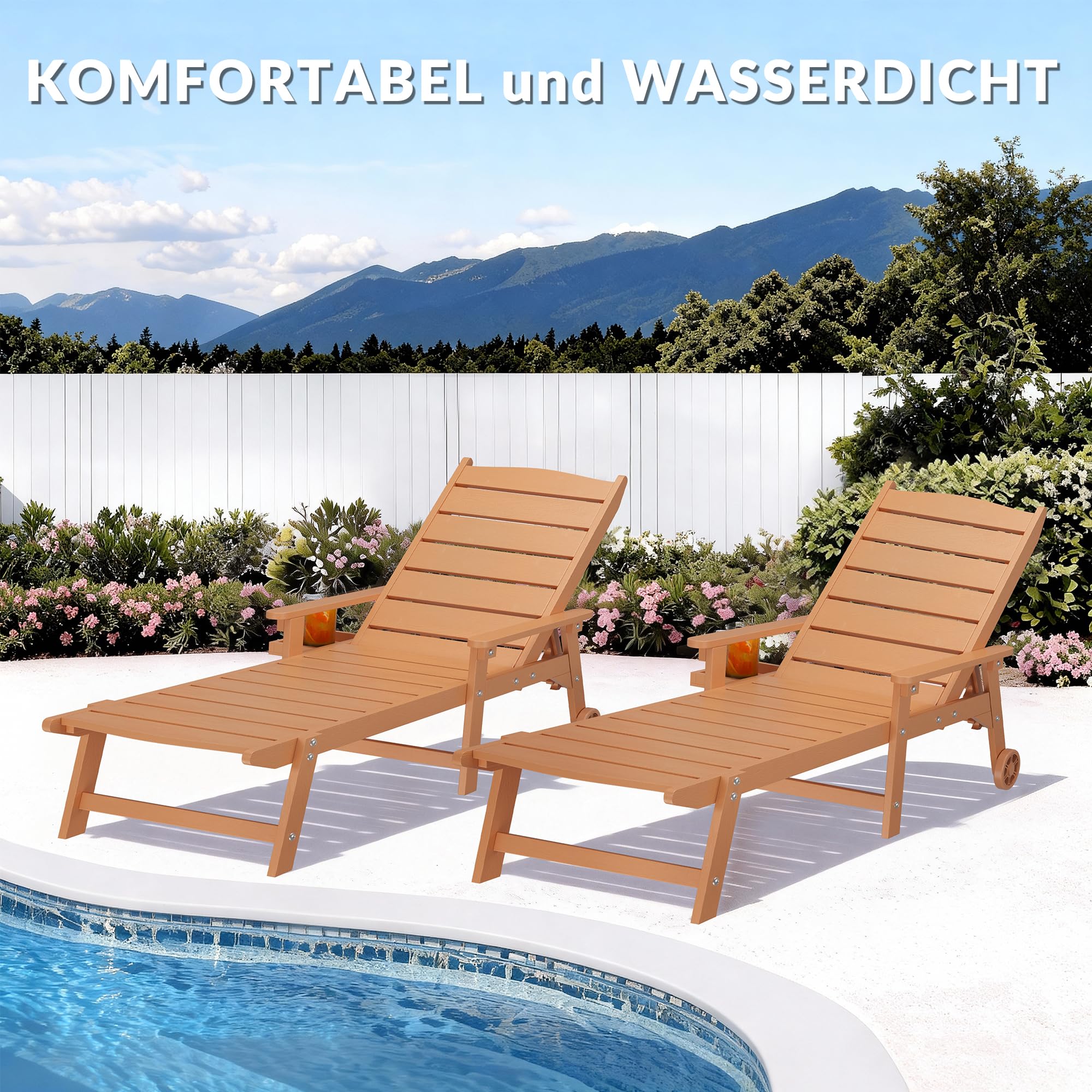 Outdoor-Liegestuhl mit Rollen, 2 m Lange Sonnenliege, 5-Fach verstellbare Rückenlehne (Flache Liegeposition), ausklappbares Seitentablett, wetterfest, für Pool, Terrasse und Strand