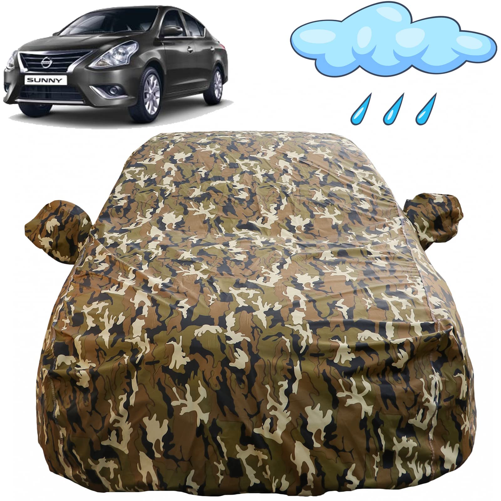 Sunny Waterproof Car Cover with Mirror Pockets, Camouflage Design, Non Woven Fabric,Triple Stitched, Compatible with Nissan Sunny Car Cover (2011 to 2014), Sunny Car Accessories