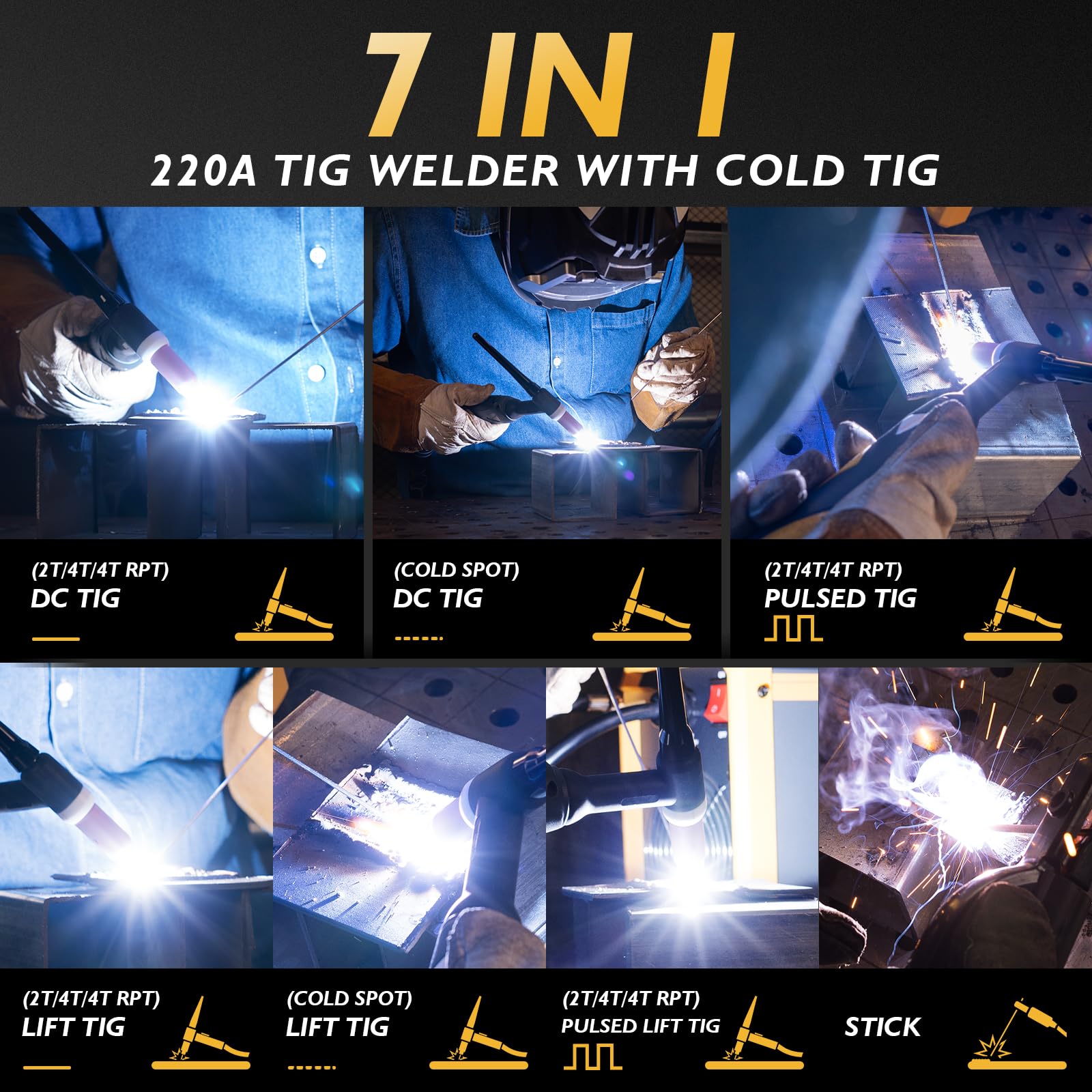 TOOLIOM Soldador TIG frío 7 en 1 de 220 A, 110/220 V, voltaje dual | Pantalla digital grande, repetición 2T/4T/4T, pedal opcional de 5 pines