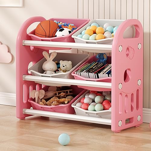 MOUDS Organizadores de juguetes para niños y almacenamiento con 6 contenedores de plástico extraíbles, estante multiusos de 3 niveles para organizar