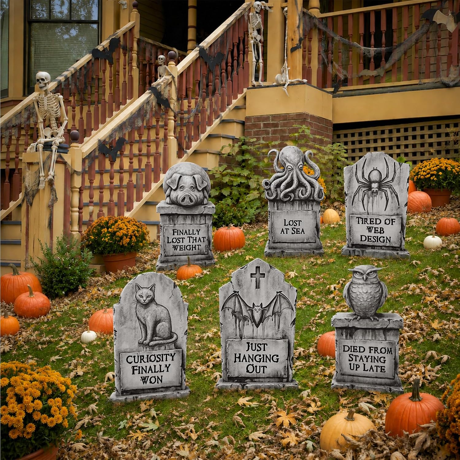 6 Pack Halloween Graveyard Decorations Outdoor, Funny Animal Cemetery Yard Signs with Stakes, Spooky Cat Bat Spider Owl Pig Tombstones, 11" x 17" Lawn Yard Signs for Halloween Outdoor Décor image 5
