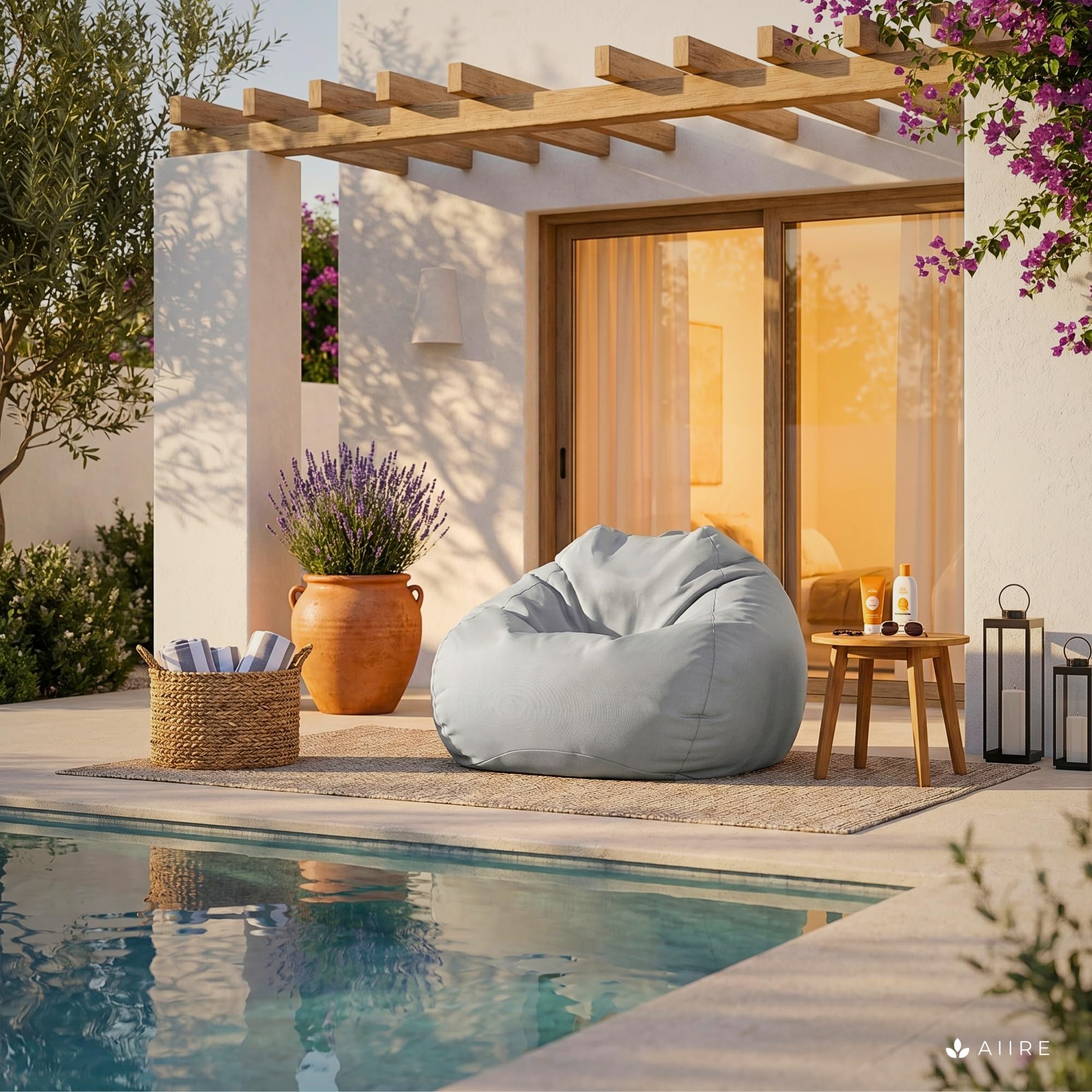Aiire Sillón Puff Exterior Jardín - Puf con Relleno Incluido para Piscina, Terraza o Porche - Funda Resistente, Desenfundable y Lavable - Bean Bag Chair Exterior e Interior Juvenil o Adultos