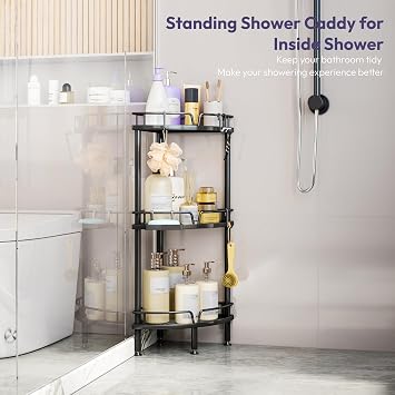 SWTYMIKI Freestanding Shower Caddy Corner - 3 Tier Stainless Steel Bathroom Corner Storage Shelf with Soap Holder & 4 Hooks, Rustproof Floor Standing Shower Organiser