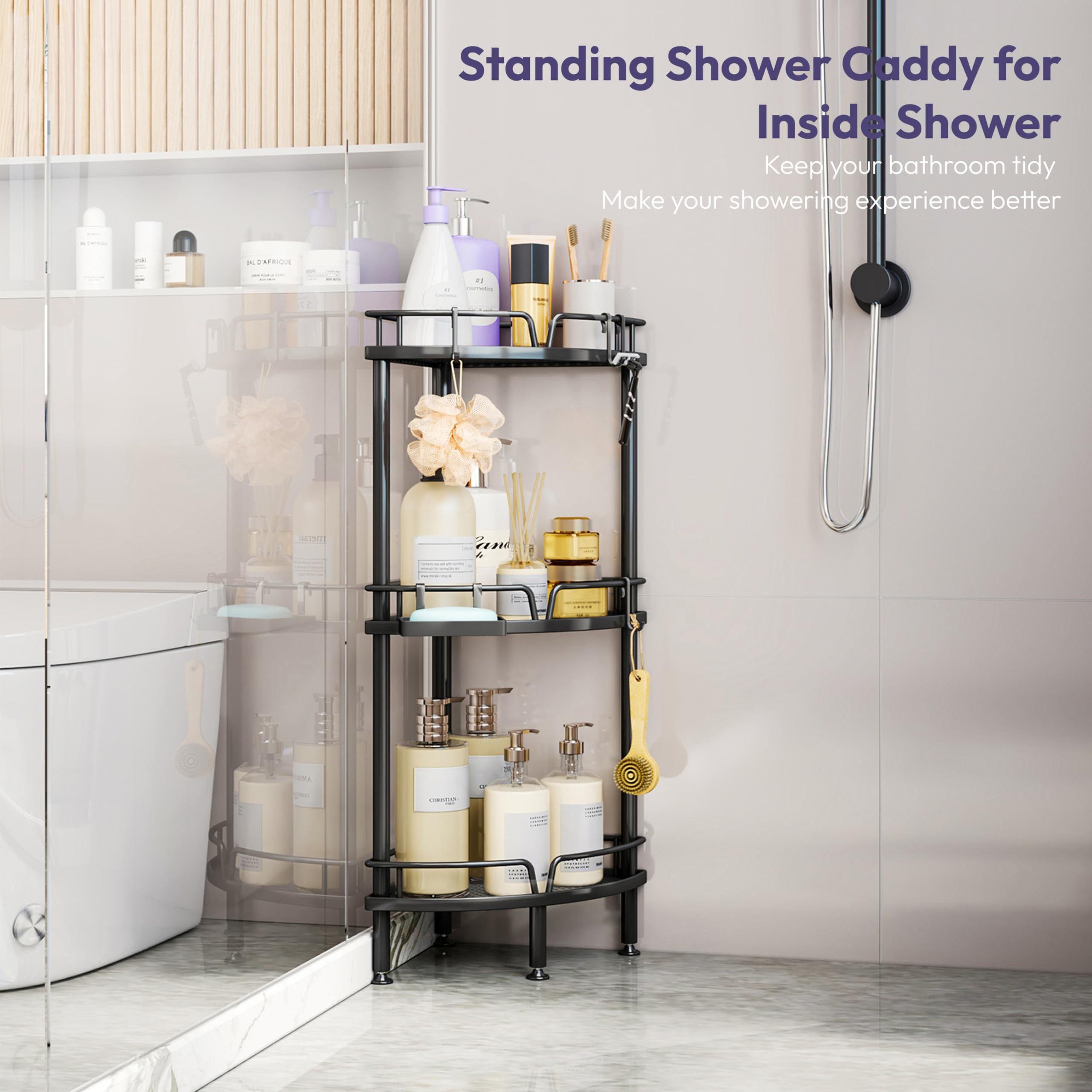 SWTYMIKI Duschablage ohne Bohren Ecke - 3 Stück Duschregal Stehend | Duschablage Freistehend Badezimmer Organizer mit Seifenablage & 4 Haken, Duschregal Ohne Bohren für Shampoo und Duschgel