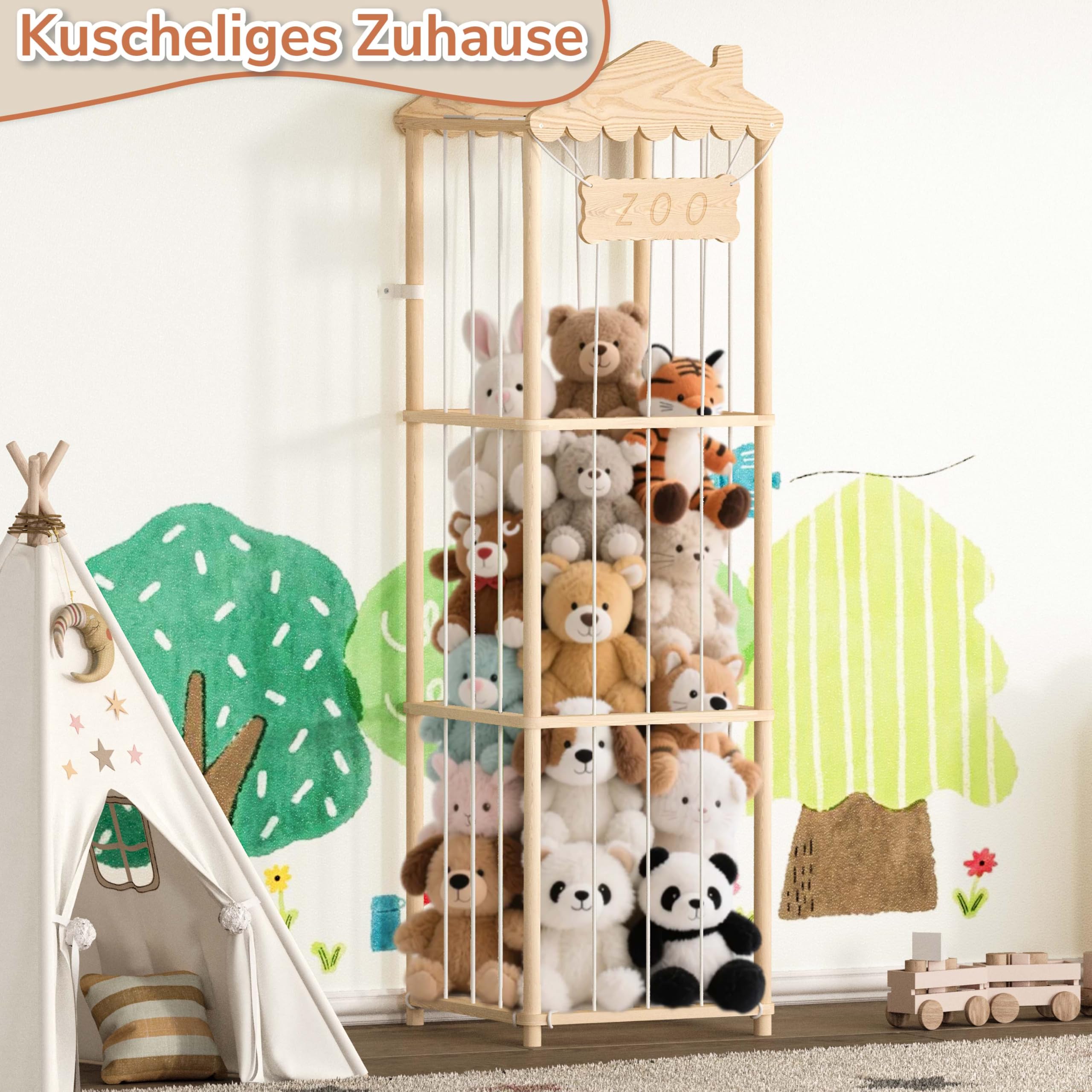 AMBIRD Kuscheltier Aufbewahrung Kinderzimmer, 140 * 40 * 40 cm Holz Kinder Spielzeug Regal für Kuscheltiere, Stofftiere, Plüschtier, Kinderregal Stofftier Aufbewahrung, Groß Plüschtiere Organizer