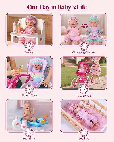 Miniatura 8 de JIZHI Juego de 24 cochecitos de muñeca con muñeca y portabebés, accesorios de muñeca para alimentar, vestirse y jugar sobre la marcha, regalo de