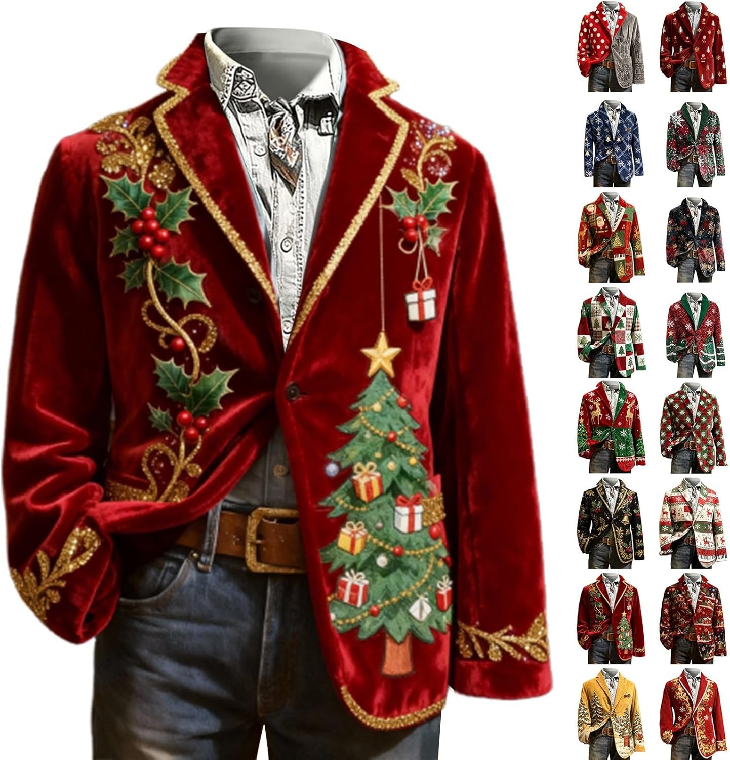 Enlision Grappig kerstvest voor heren, kerstvest, stropdas, vierkante zakdoek, maat XS - 4XL, Bourgondië