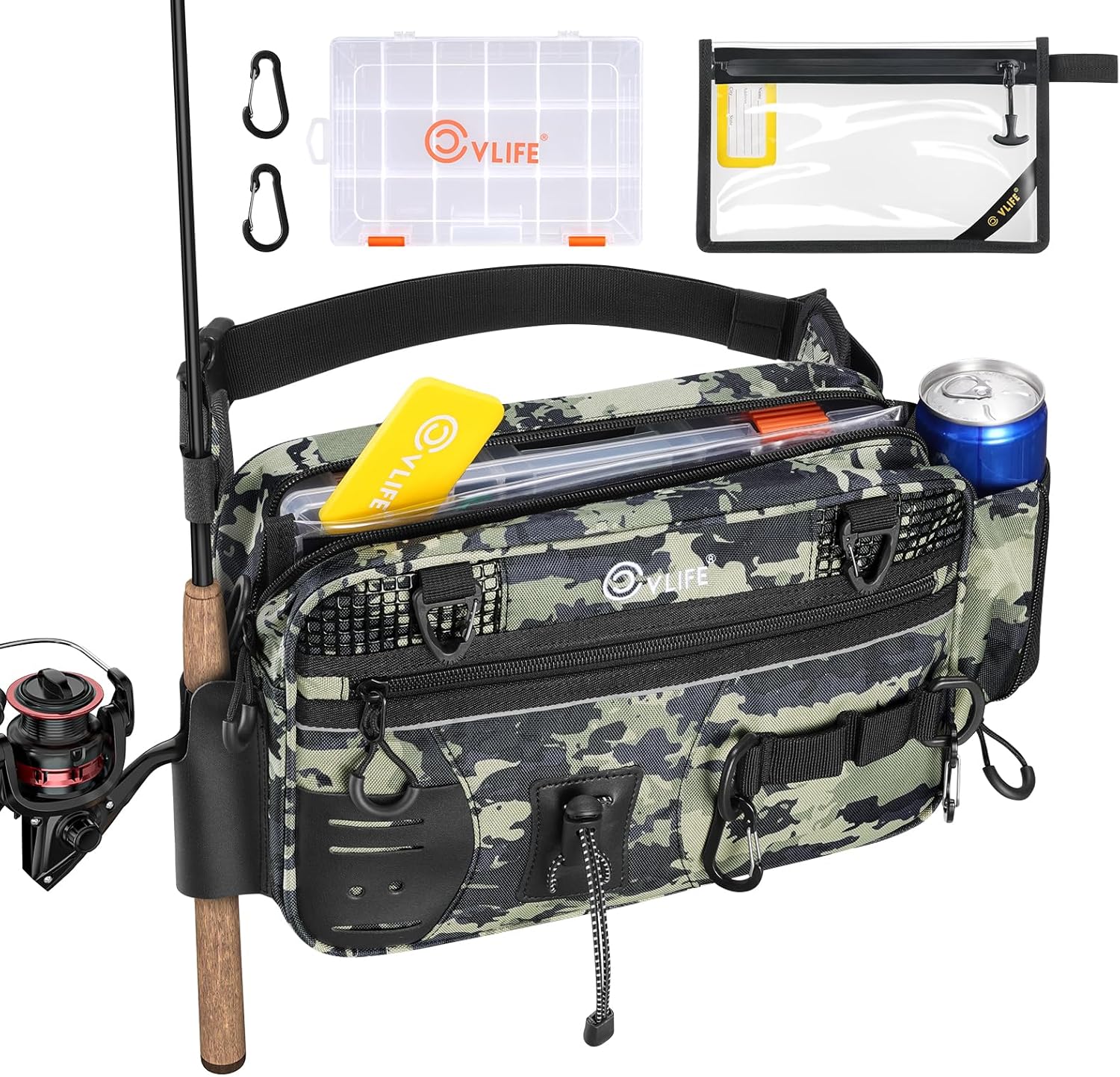 CVLIFE Fishing Tackle Bag Waist Pack with Rod Holder, Water Resistant Fanny Pack Includes 3600 Tackle Box, Waterproof Pouch & Carabiners, Convertible Sling Bag with Net Holster for Gear