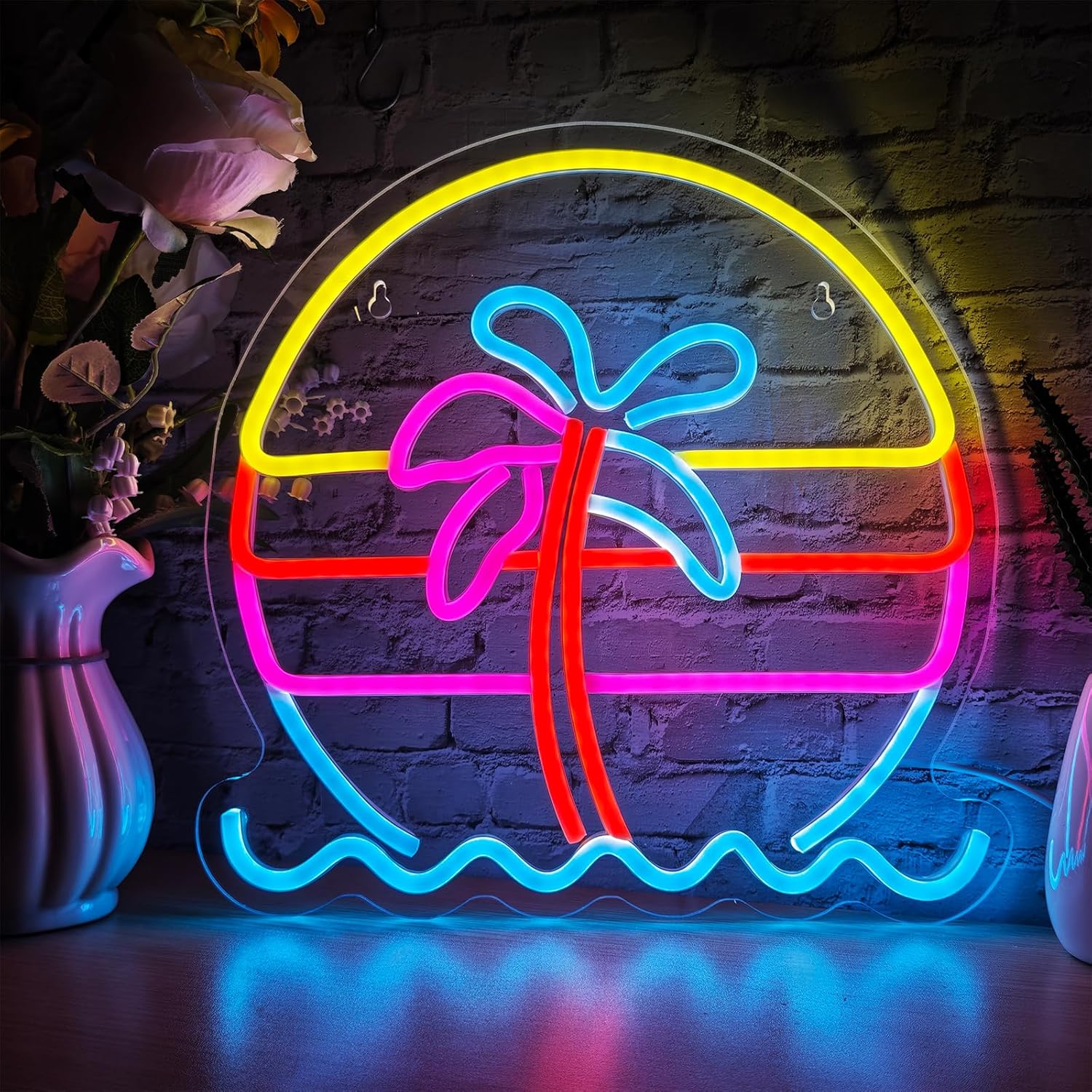 Sunset Neon Sign, Dimmable Palm Tree Neon Light for Party Bar Restaurant Wall Decor, USB Powered Tropical Beach View LED Light Sign for Kids Christmas Gifts, 12.60”×12.60”
