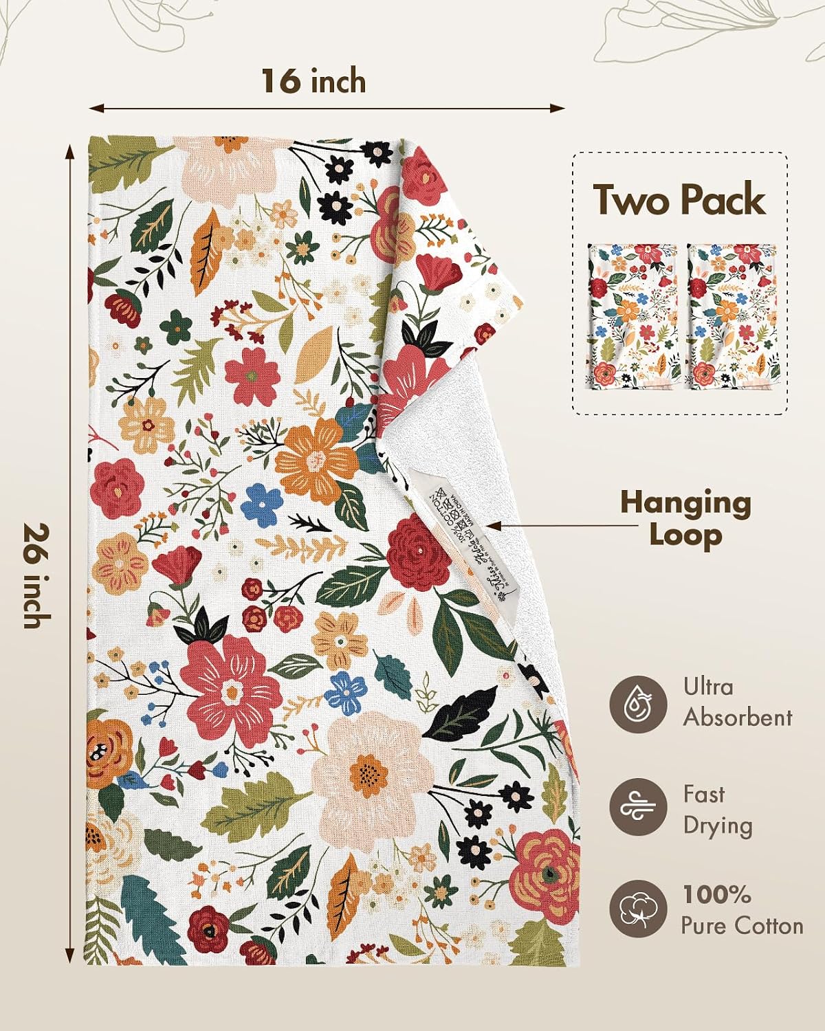 Miss Adola Cotton Kitchen Towels Set of 2, 16x26 Inch, Beige Flower image 4
