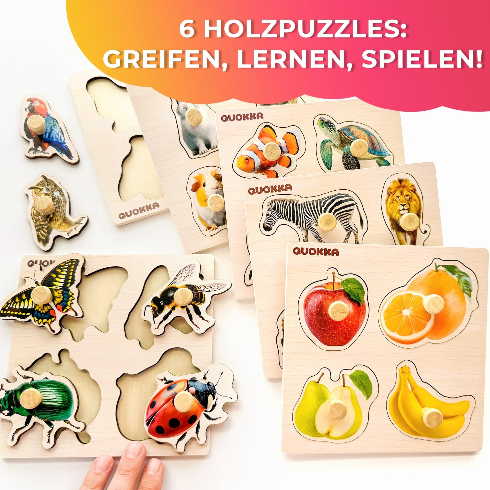 QUOKKA Steckpuzzle Holz ab 1 2 Jahre - 6 Set Spielzeug Puzzle ab 2 3 Jahre - Tiere Lernspiele für Kinder - Geschenk für Baby Mädchen and Junge