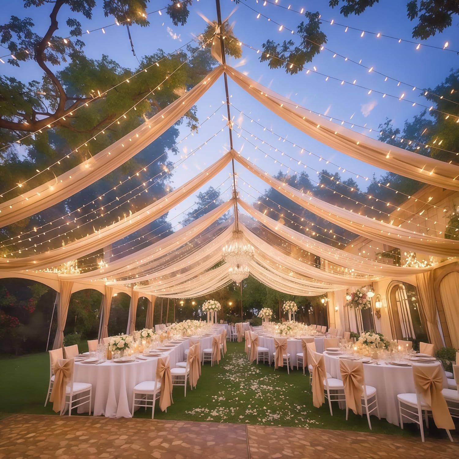6 Panels Deep Champagne Ceiling Curtains with Lights for Weddings - 5ftx10ft Wrinkle-Free Tulle Fabric Wedding Arch Draping Ceiling Drapes Decorations for Wedding Party Ceremony Stage Tent Event