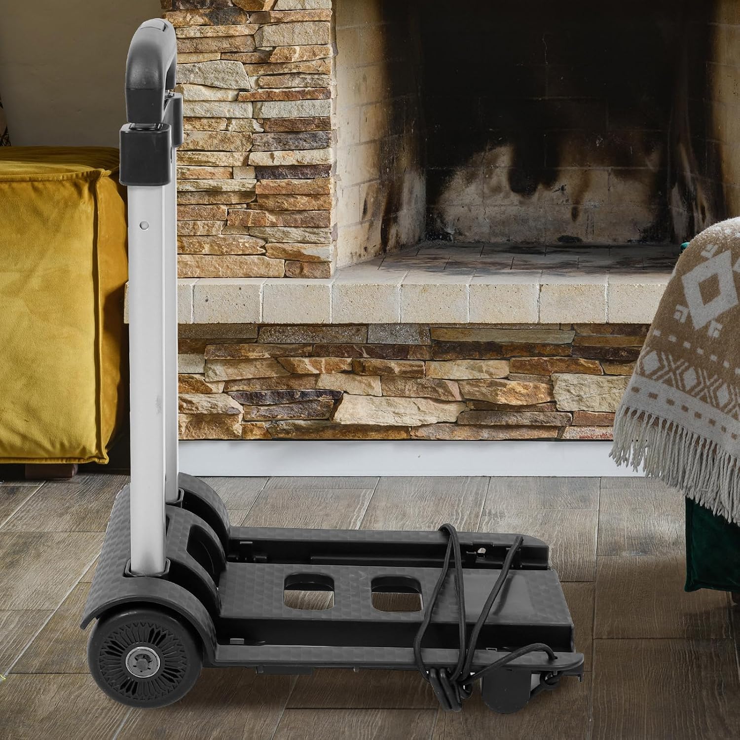 Foldable Portable Luggage Cart with Iron Telescopic Handle, 2-Wheel Multifunctional Shopping Trolley with Adjustable Height and Bungee Strap for Home, Travel, and Package Transport